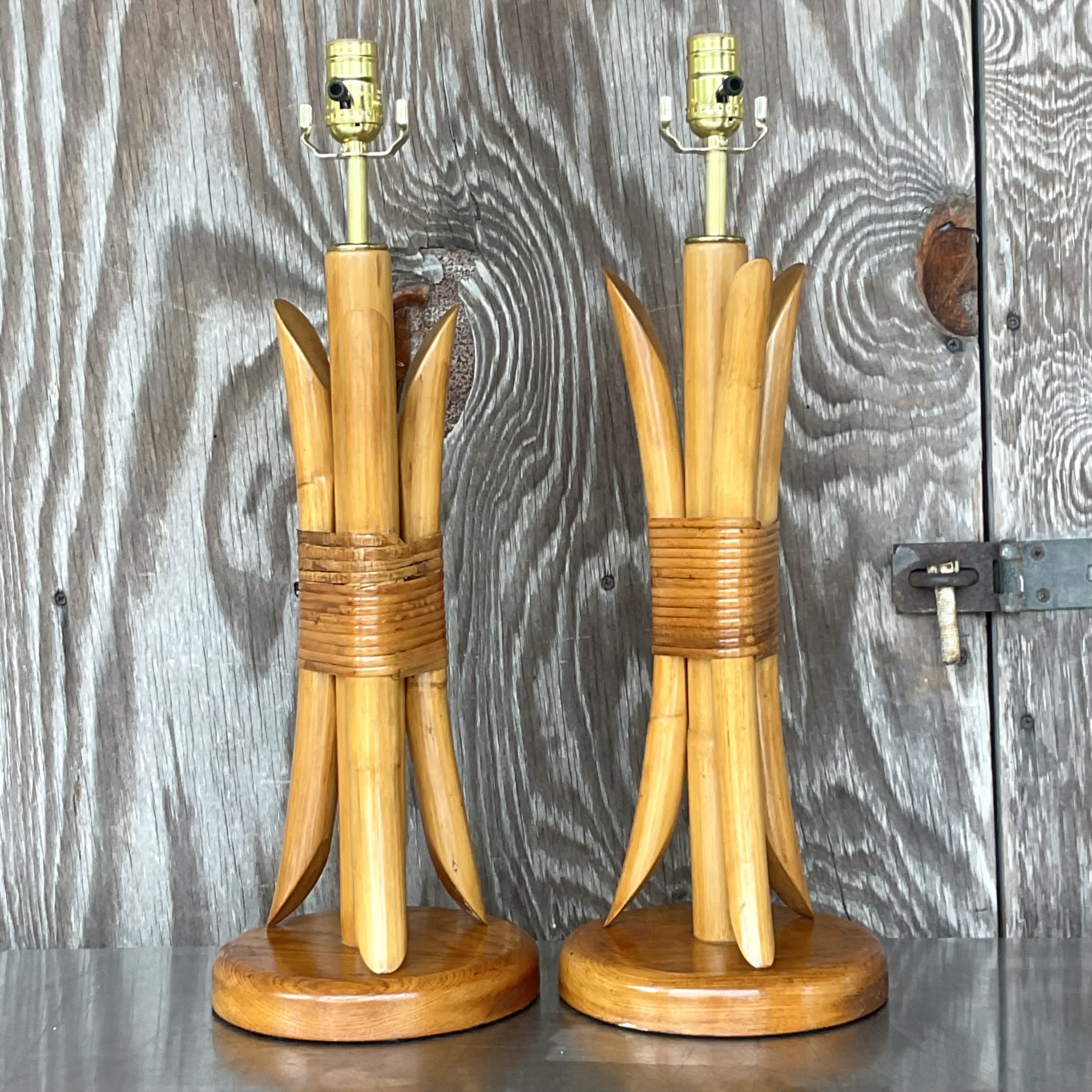 Vintage Coastal Wrapped Rattan Table Lamps- a Pair - Top view