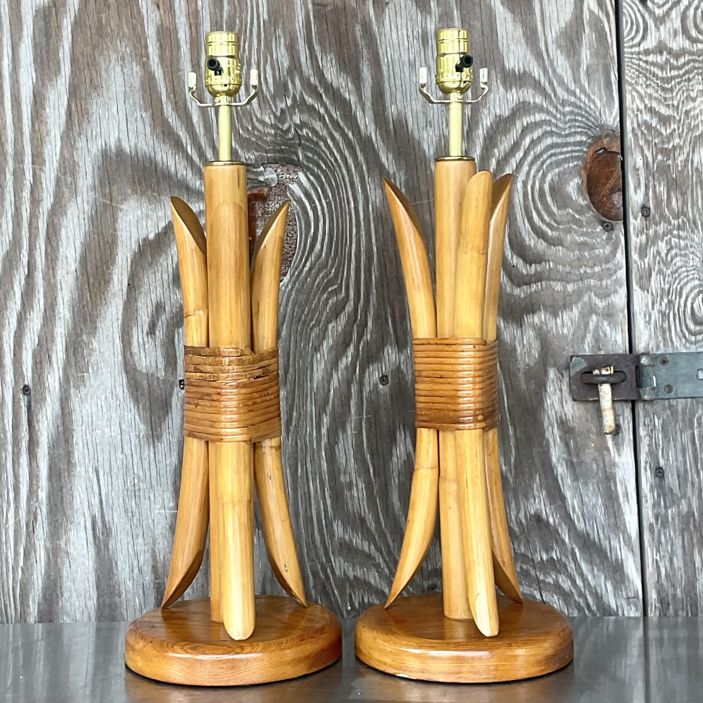 Vintage Coastal Wrapped Rattan Table Lamps- a Pair - Back view