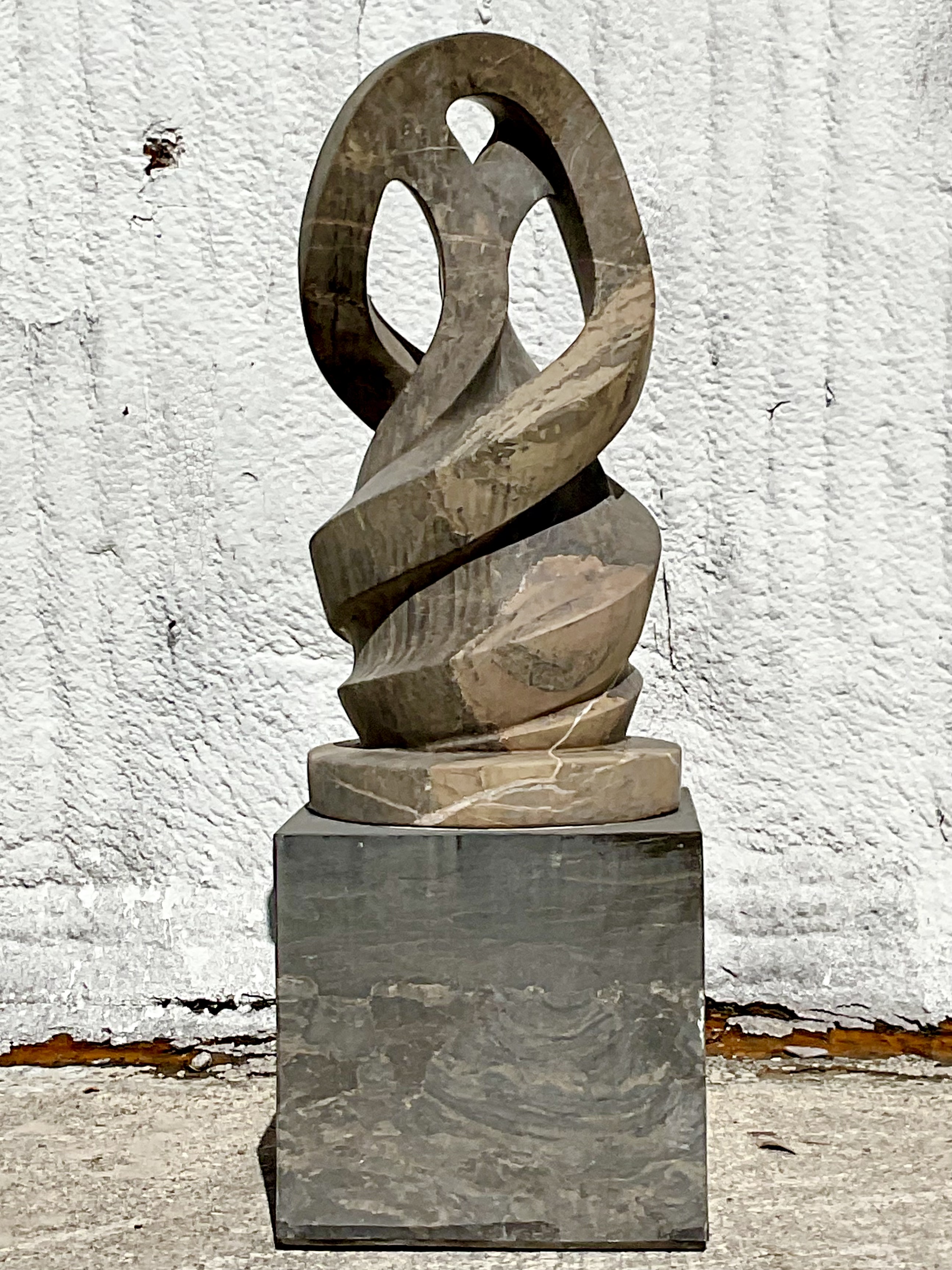 Vintage Boho Intertwined Hand Carved Marble Abstract Sculpture on Marble Base - Top view