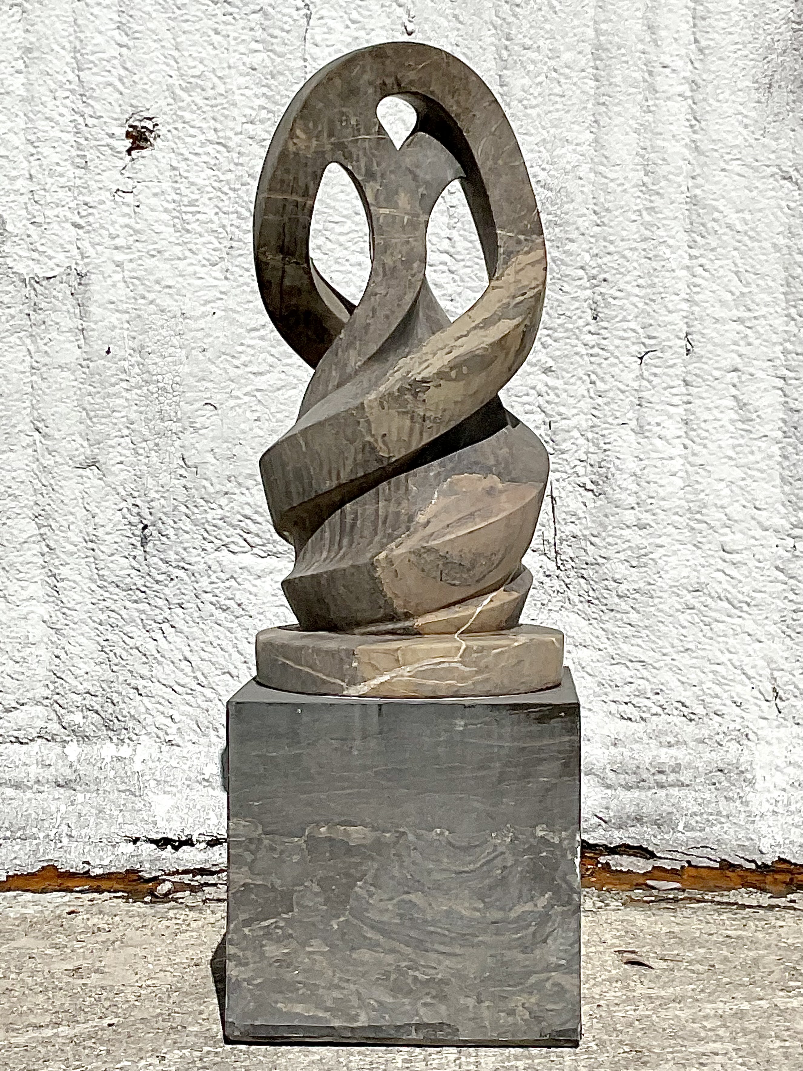 Vintage Boho Intertwined Hand Carved Marble Abstract Sculpture on Marble Base - Side view