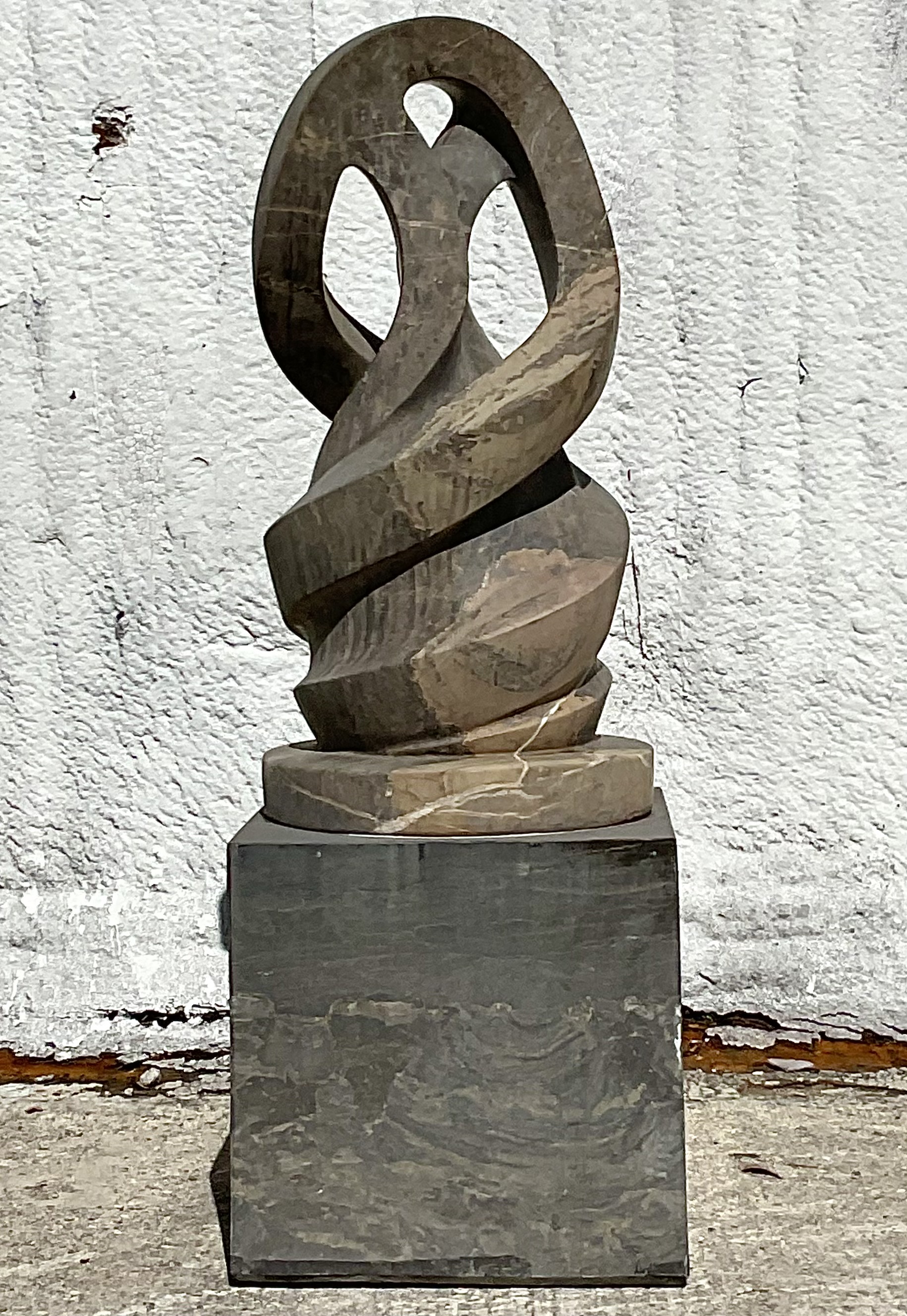 Vintage Boho Intertwined Hand Carved Marble Abstract Sculpture on Marble Base - Back view