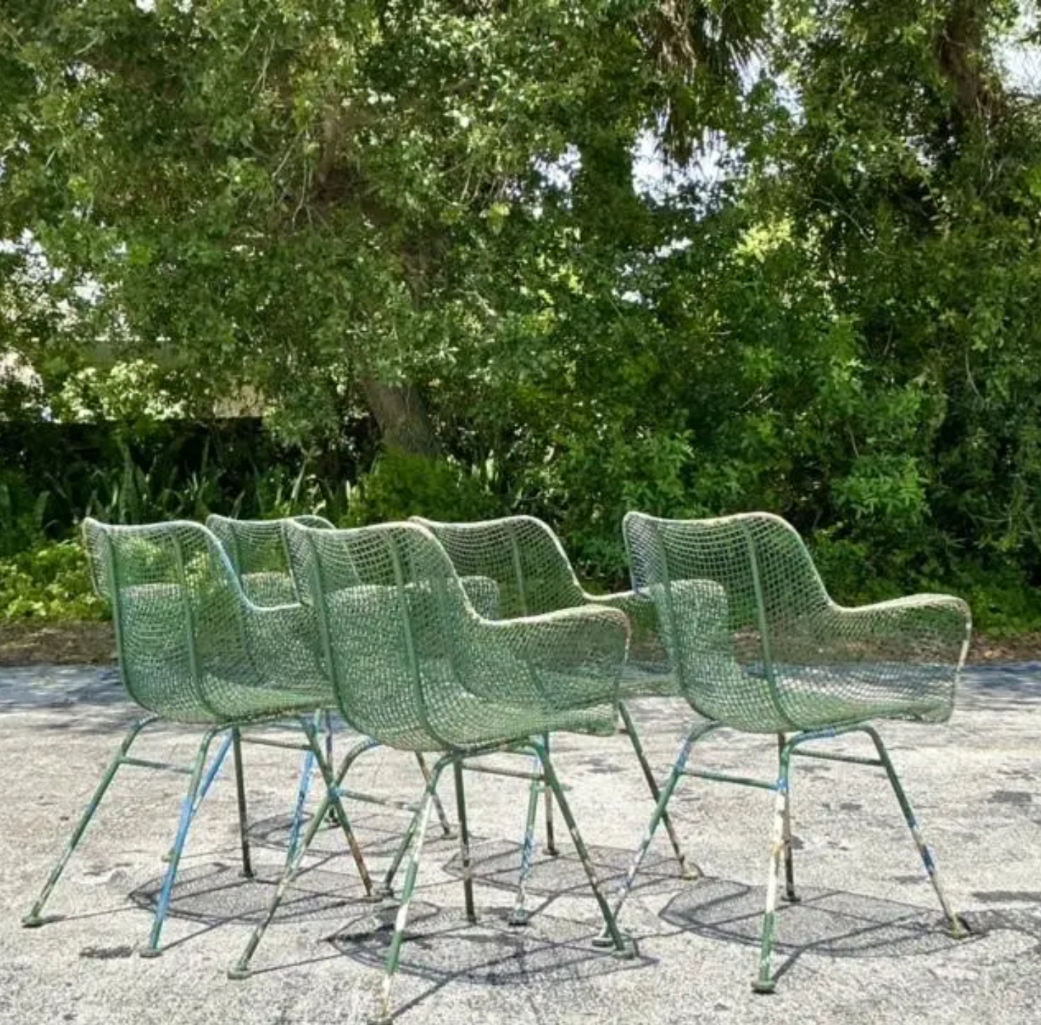 Vintage Mid-Century Modern Wrought Iron “Sculptura” Chairs After Woodard - Set of 5 - Top view