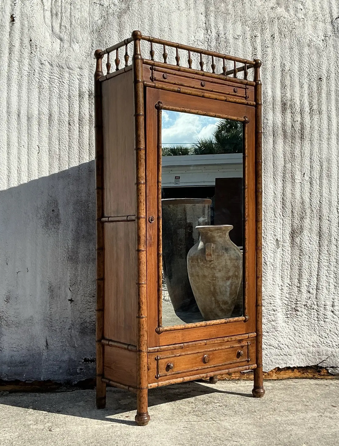 Vintage Boho Carved Bamboo Armoire - Detail view