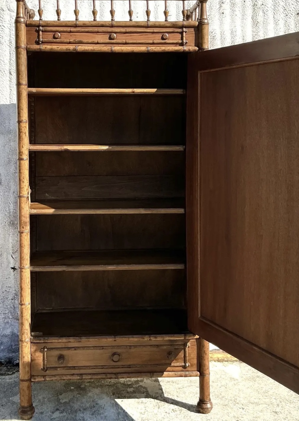 Vintage Boho Carved Bamboo Armoire - Side view