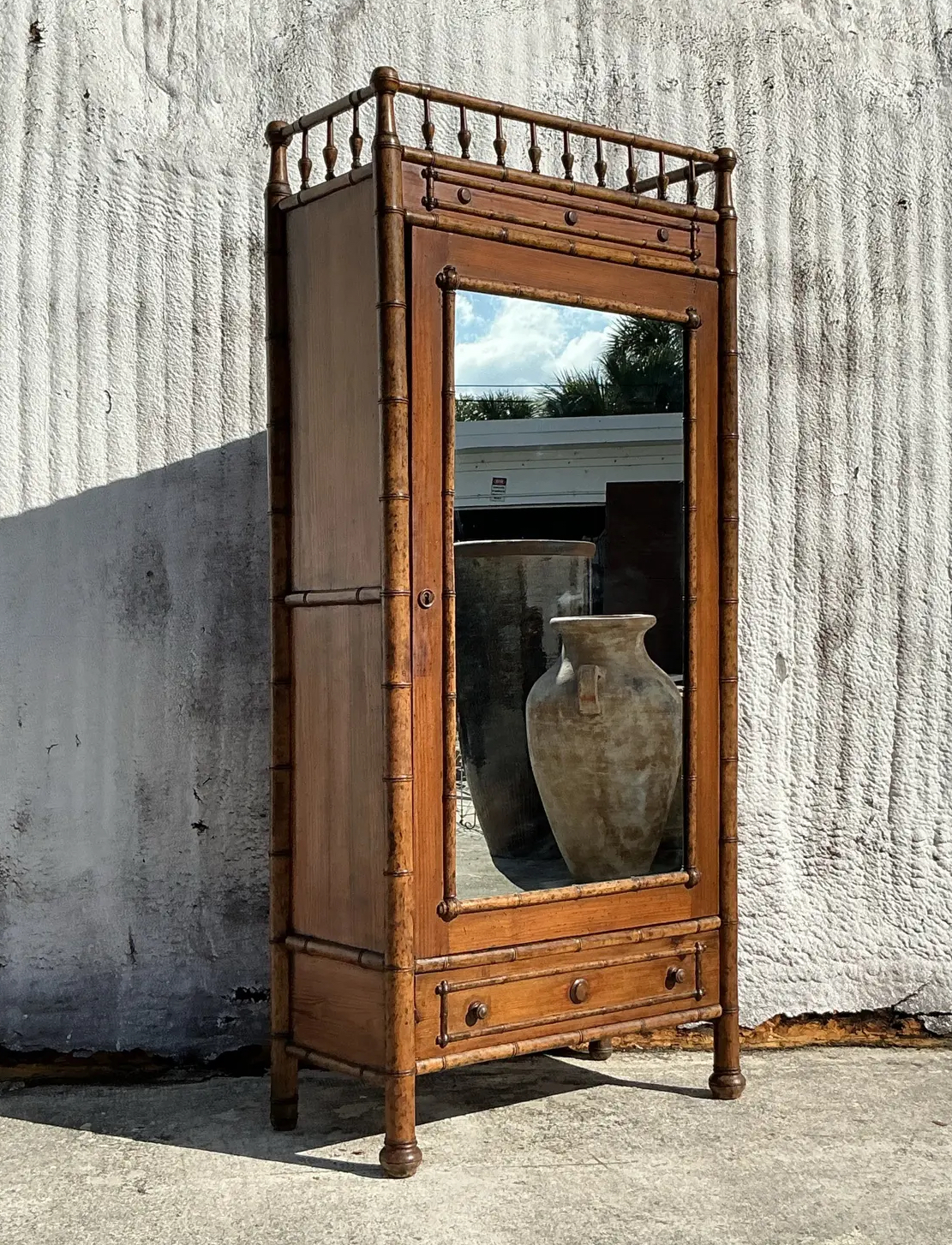 Vintage Boho Carved Bamboo Armoire - Back view