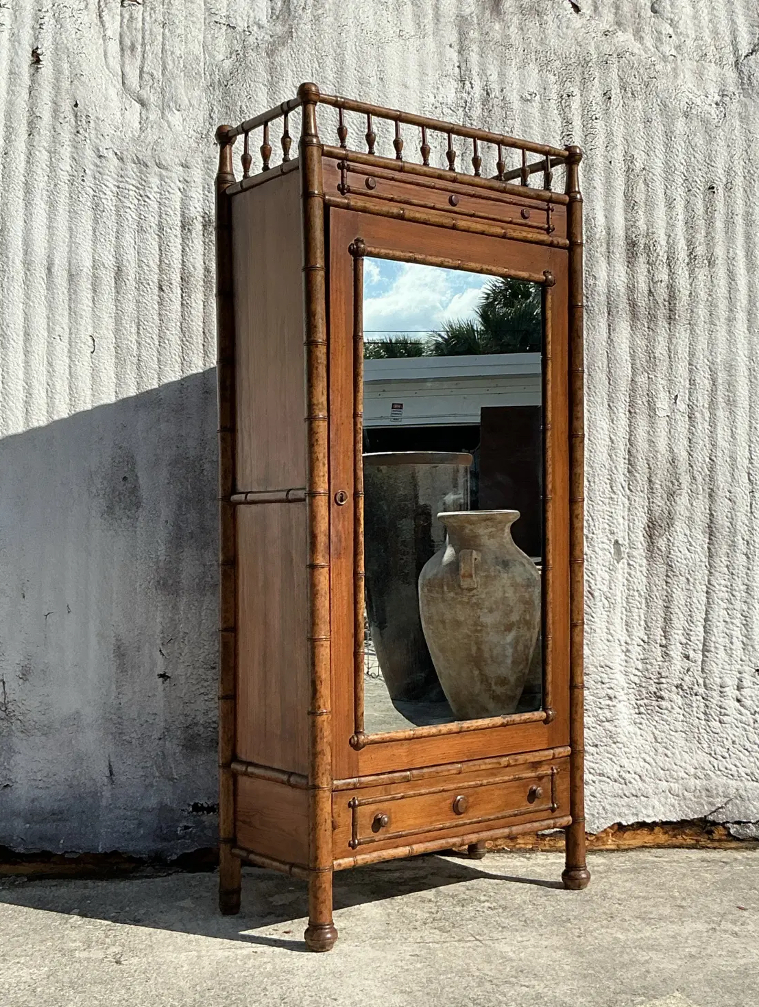 Vintage Boho Carved Bamboo Armoire - Top view