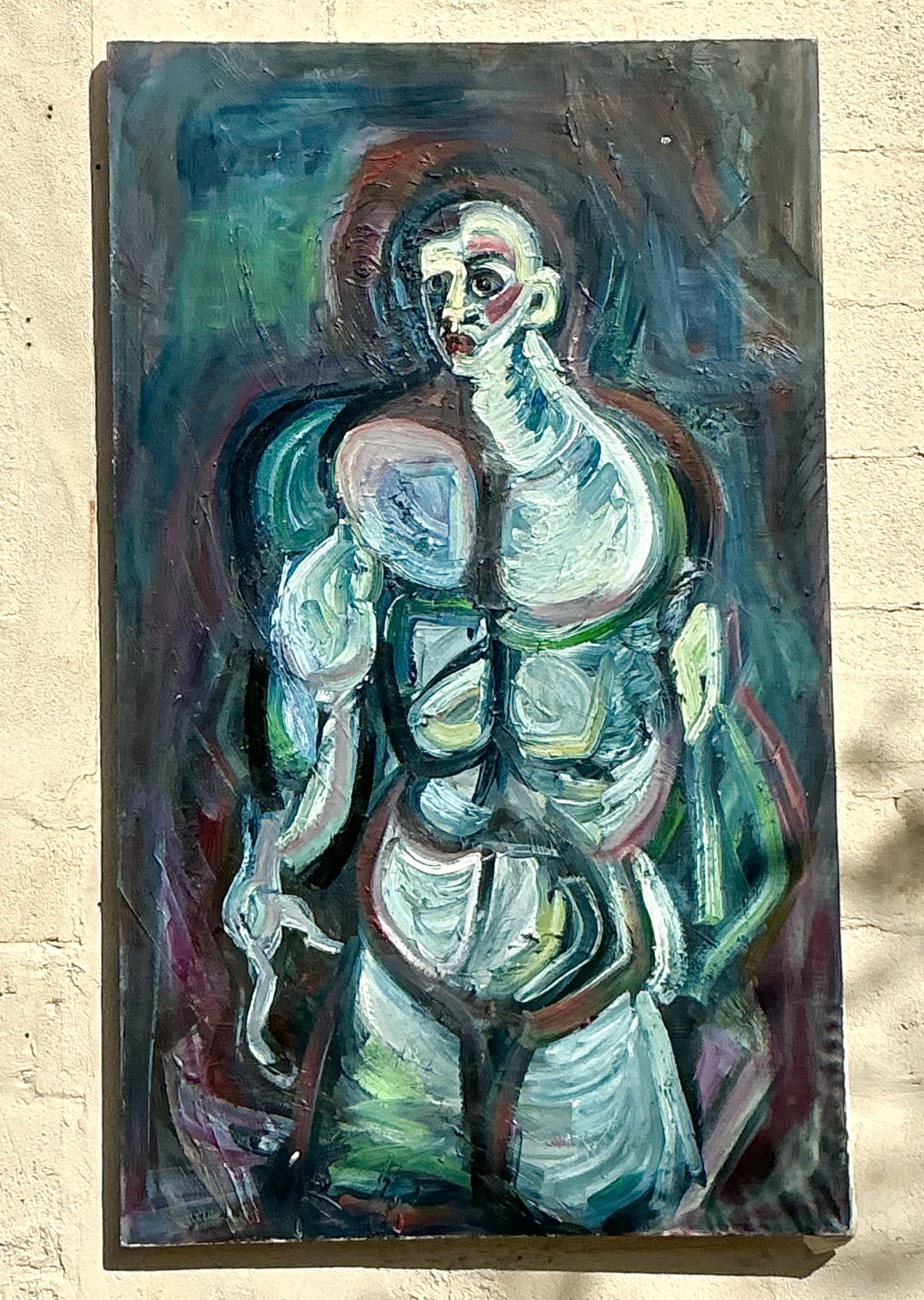 Vintage Boho Monumental Abstract Oil Painting - Back view