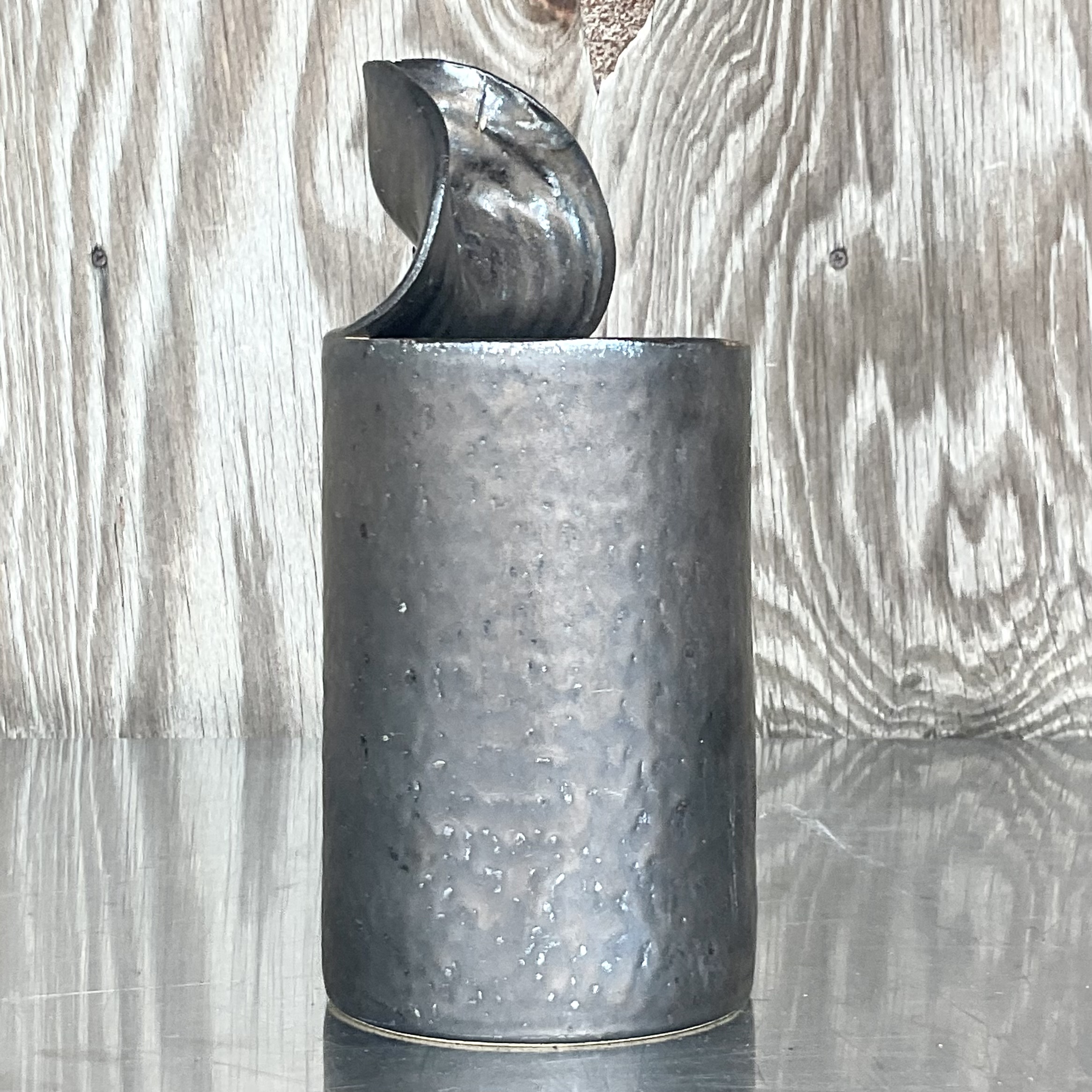Late 20th Century Vintage Boho Studio Pottery Open Can Vase - Detail view