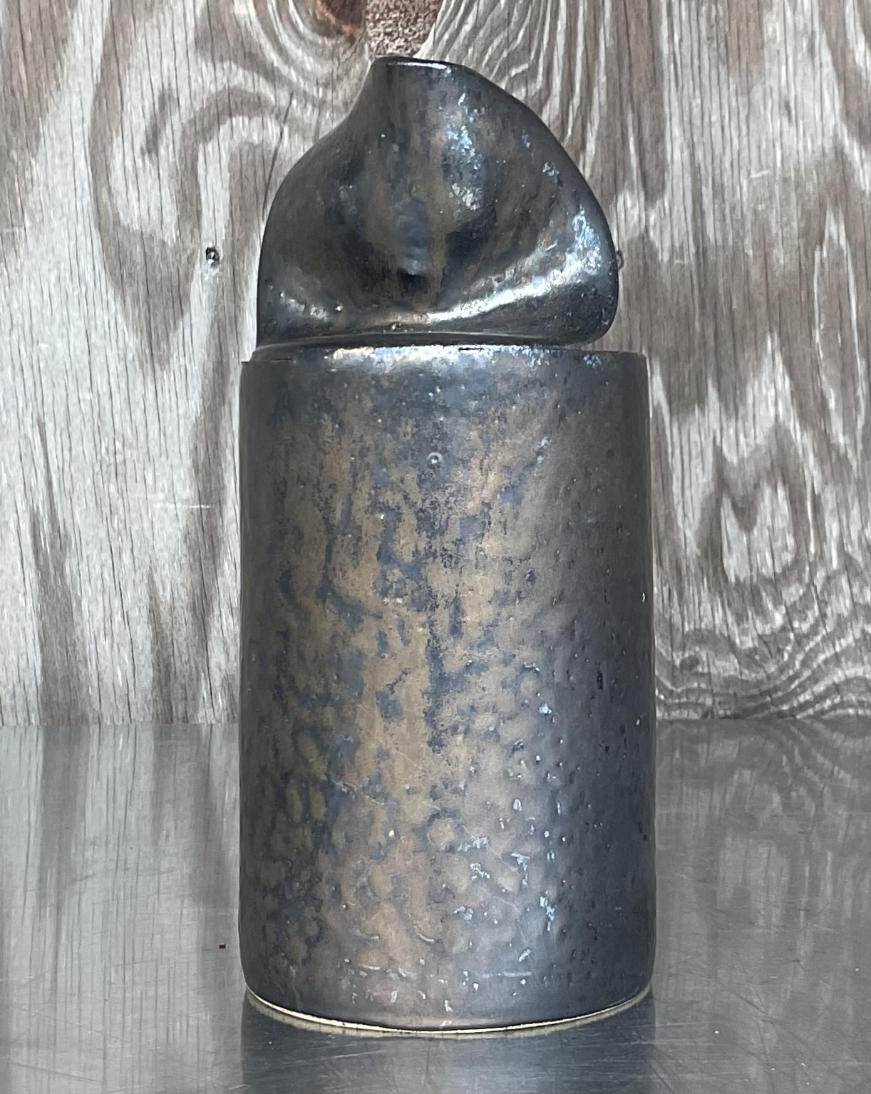 Late 20th Century Vintage Boho Studio Pottery Open Can Vase - Top view