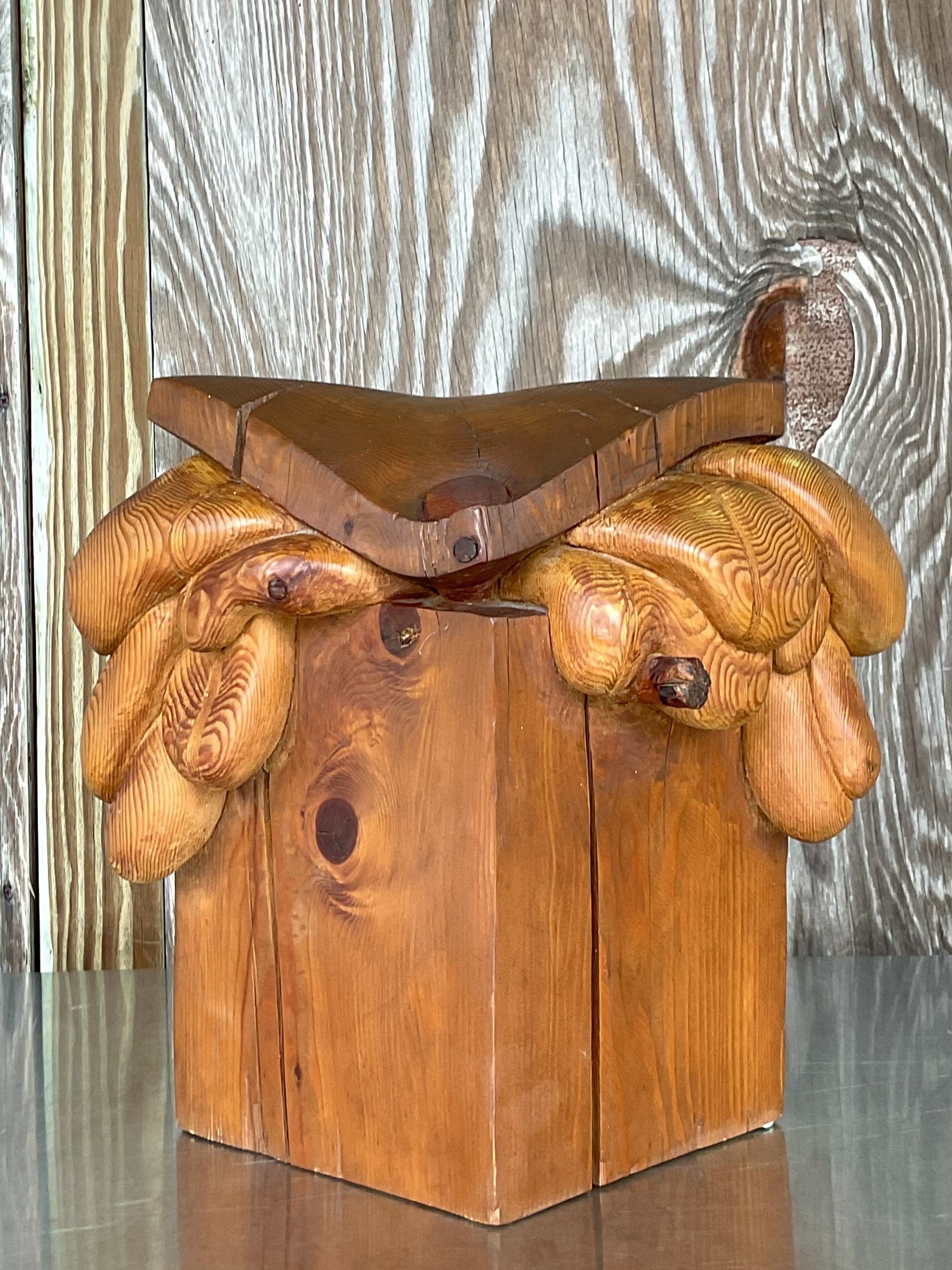 Vintage Boho Original Signed Hand Carved Outsider Art Sculpture - Side view