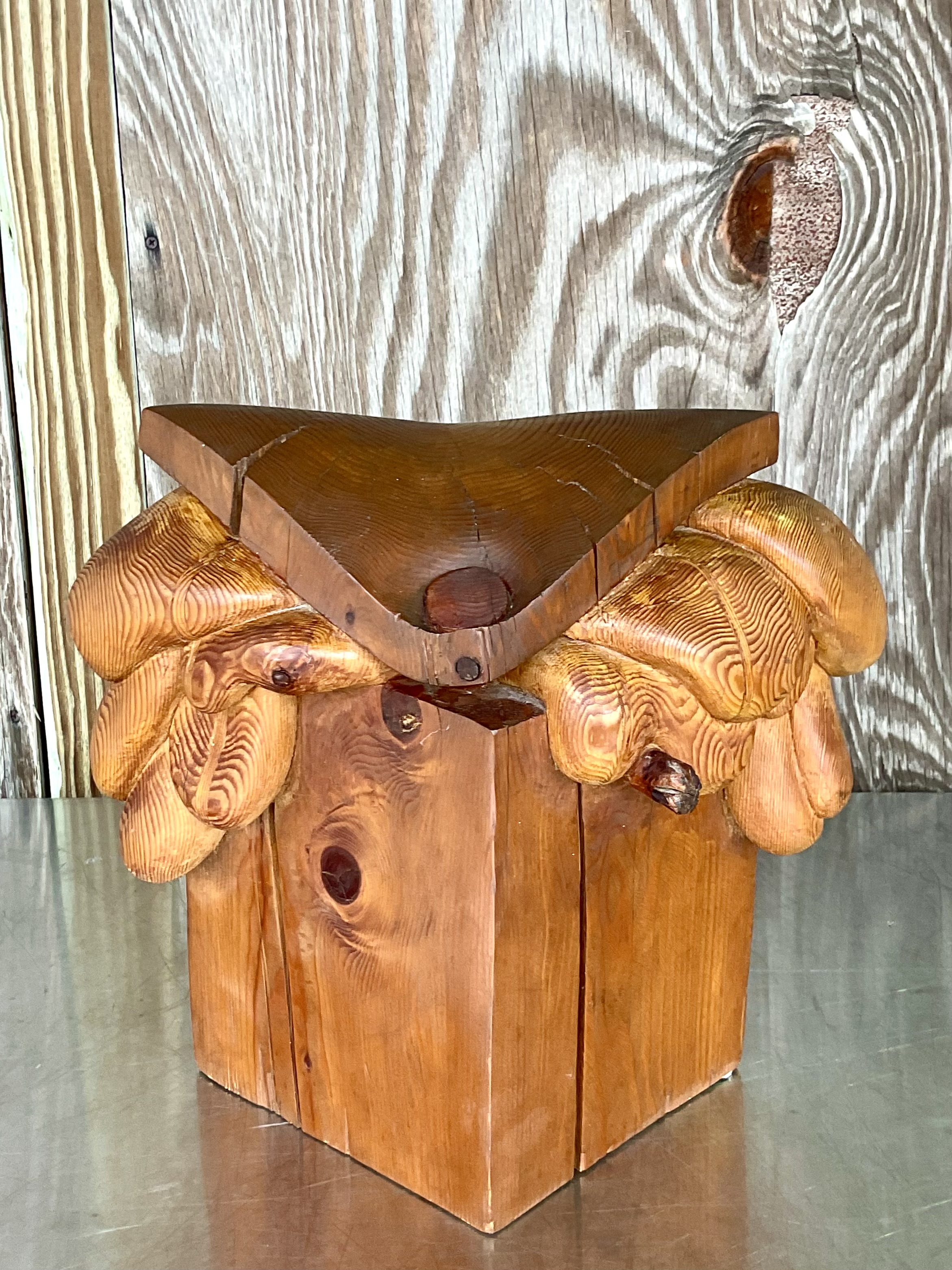 Vintage Boho Original Signed Hand Carved Outsider Art Sculpture - Back view