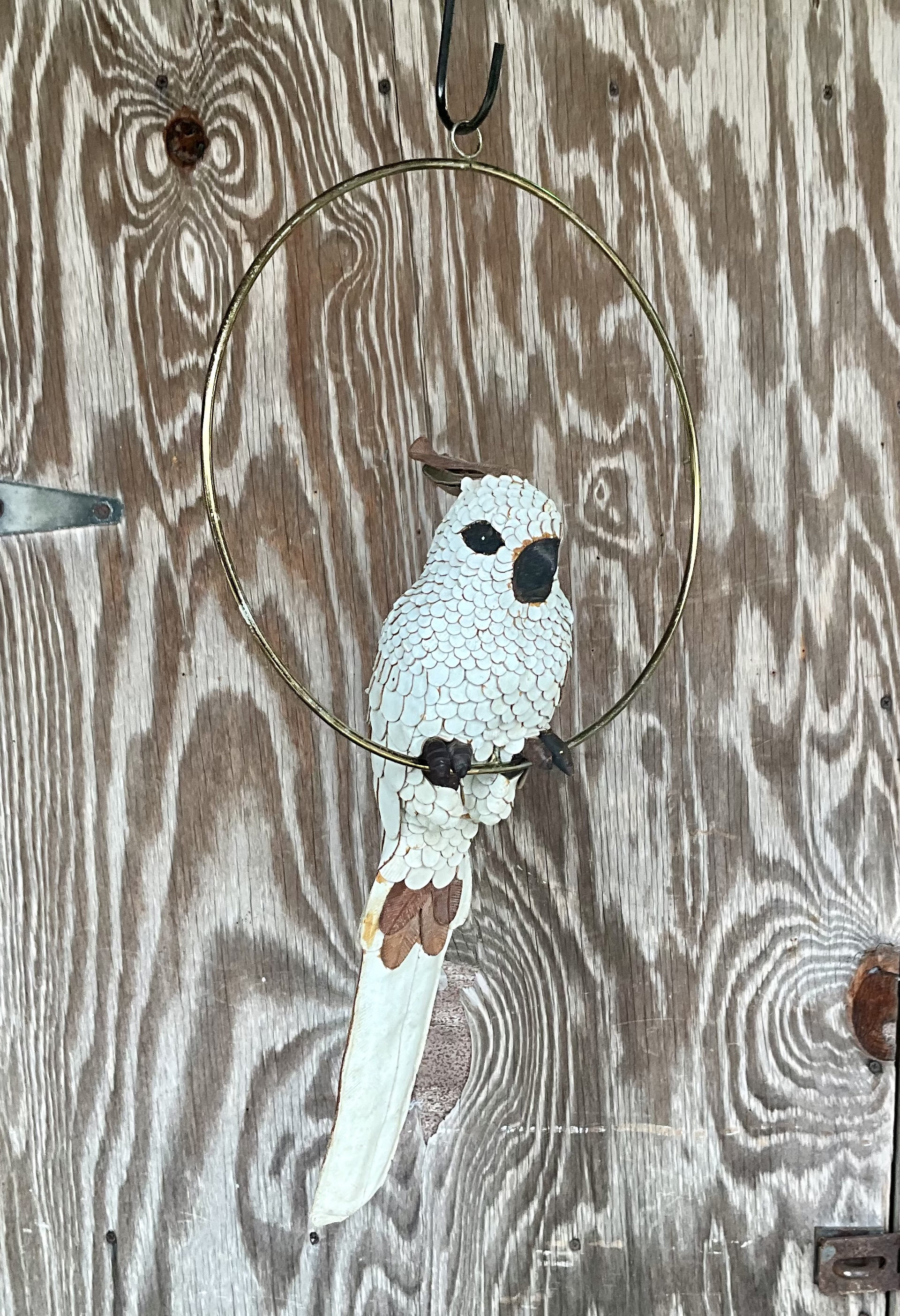 Vintage Boho White Hand Crafted Leather Cockatoo on Brass Swing - Detail view