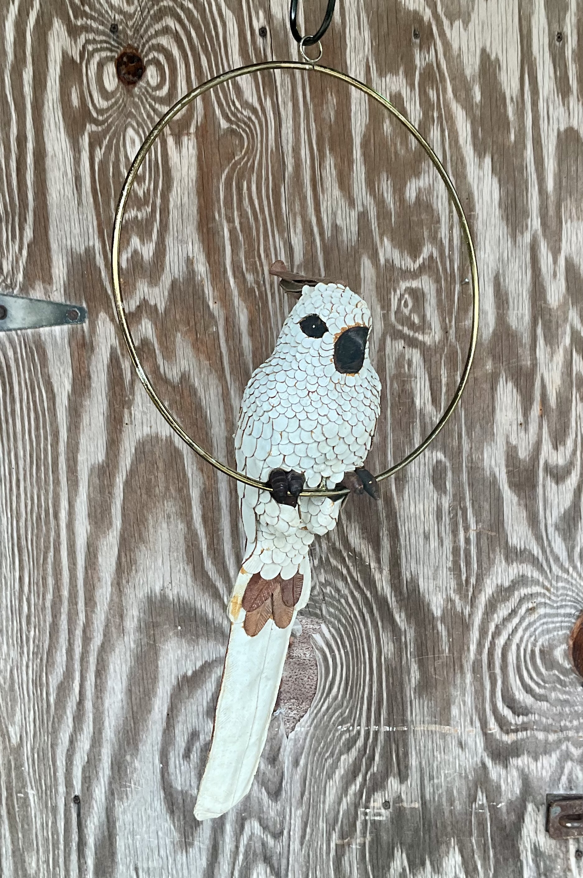 Vintage Boho White Hand Crafted Leather Cockatoo on Brass Swing - Side view