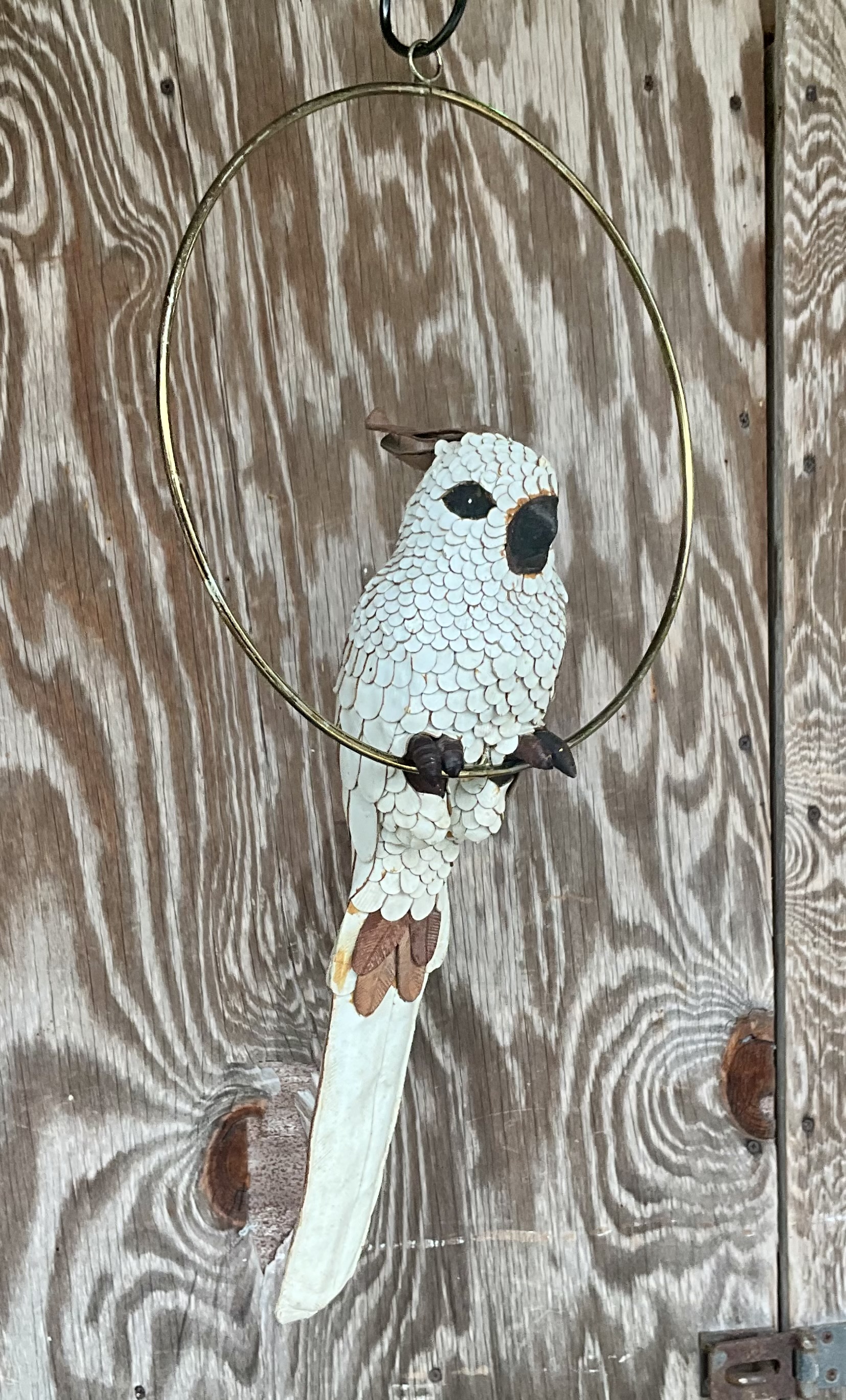 Vintage Boho White Hand Crafted Leather Cockatoo on Brass Swing - Back view