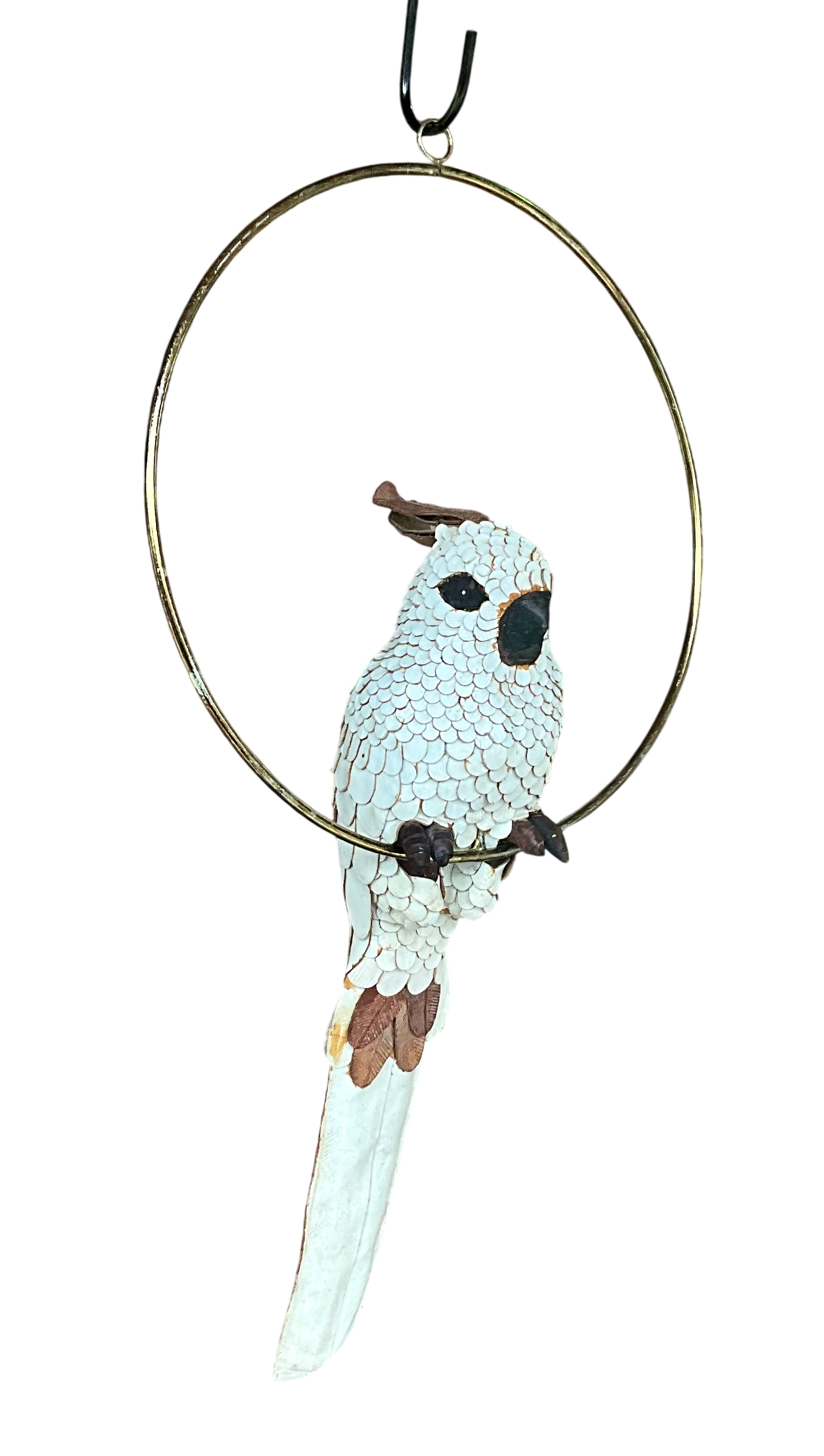 Vintage Boho White Hand Crafted Leather Cockatoo on Brass Swing