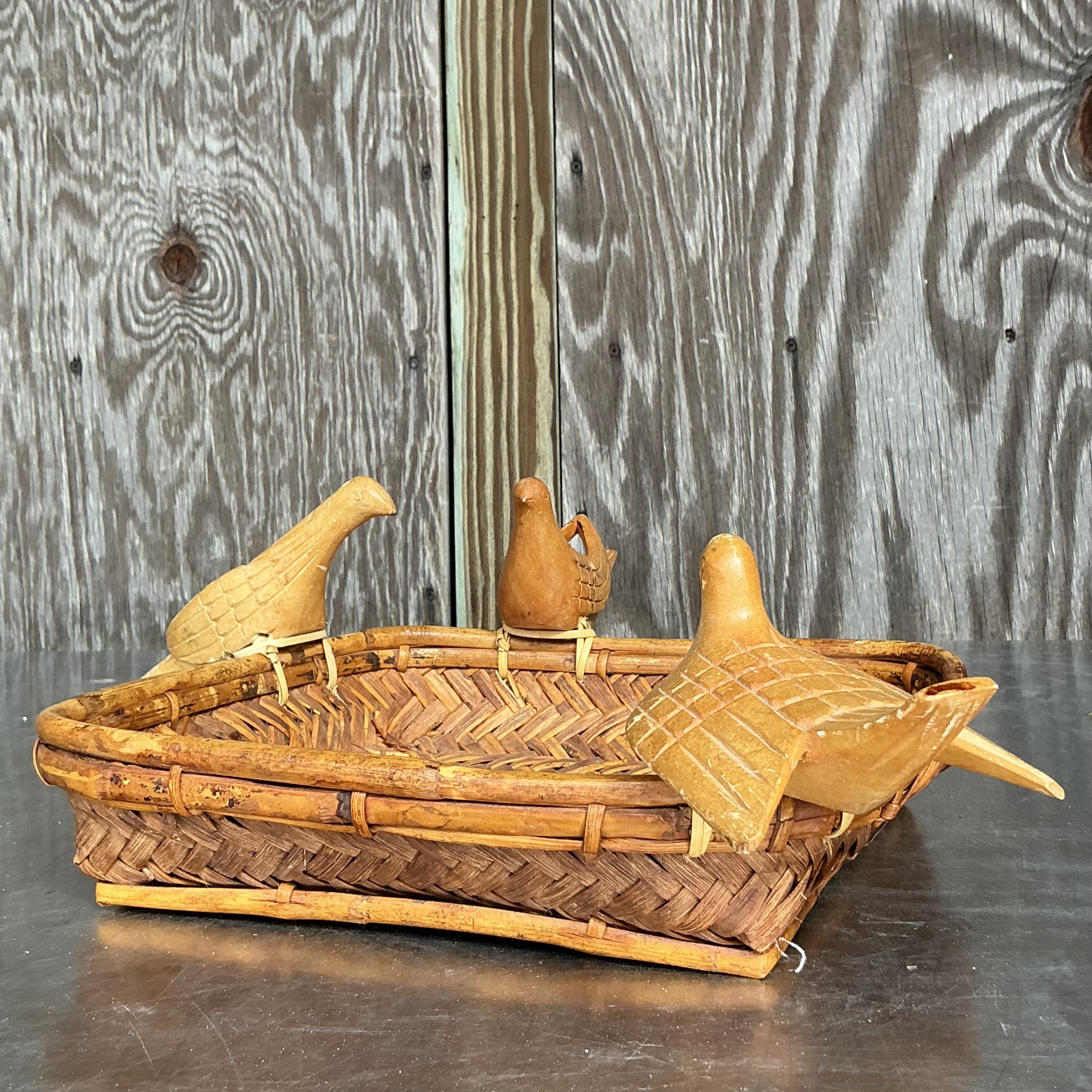Vintage Boho Rattan Basket with Birds - Back view