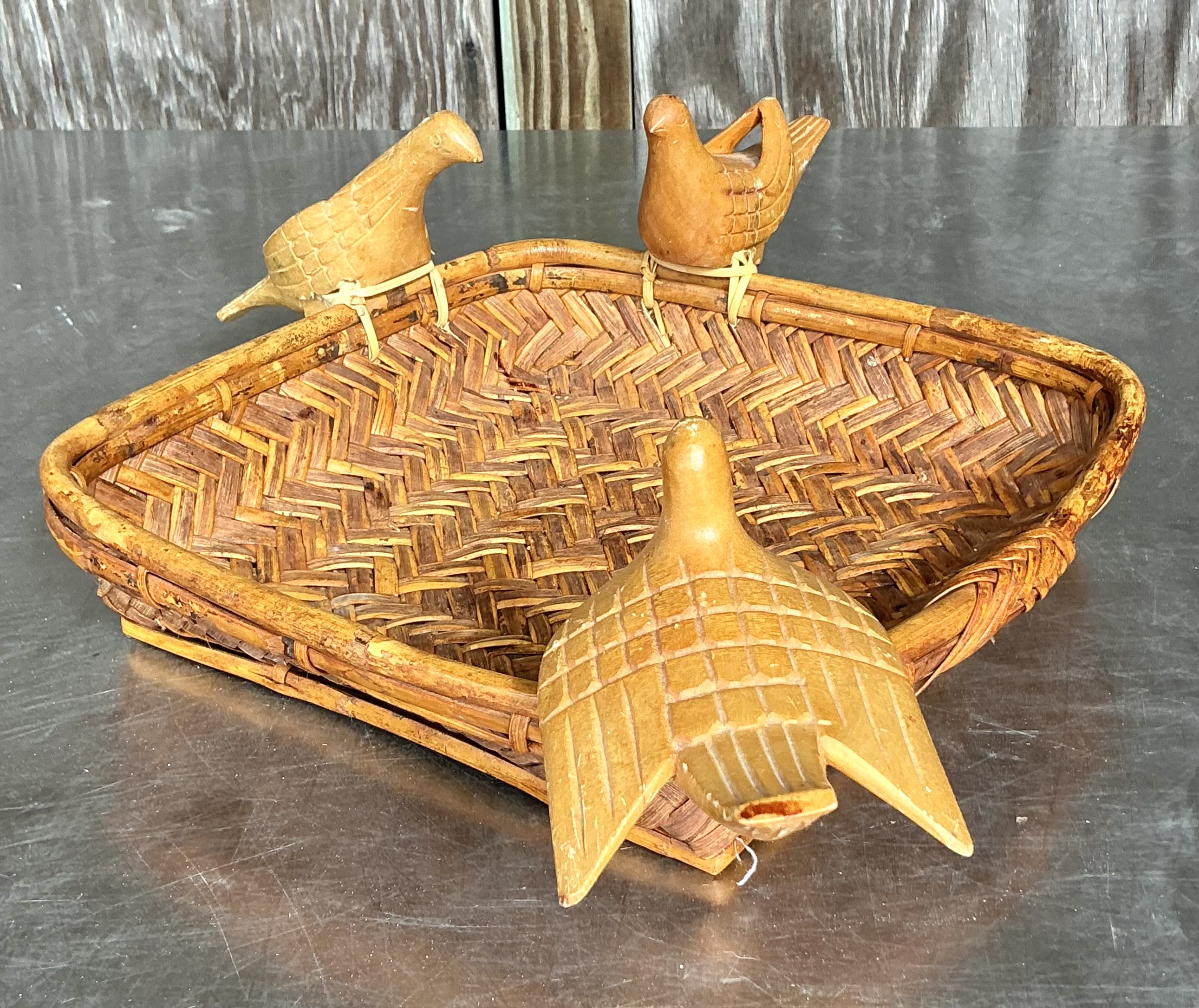 Vintage Boho Rattan Basket with Birds - Detail view