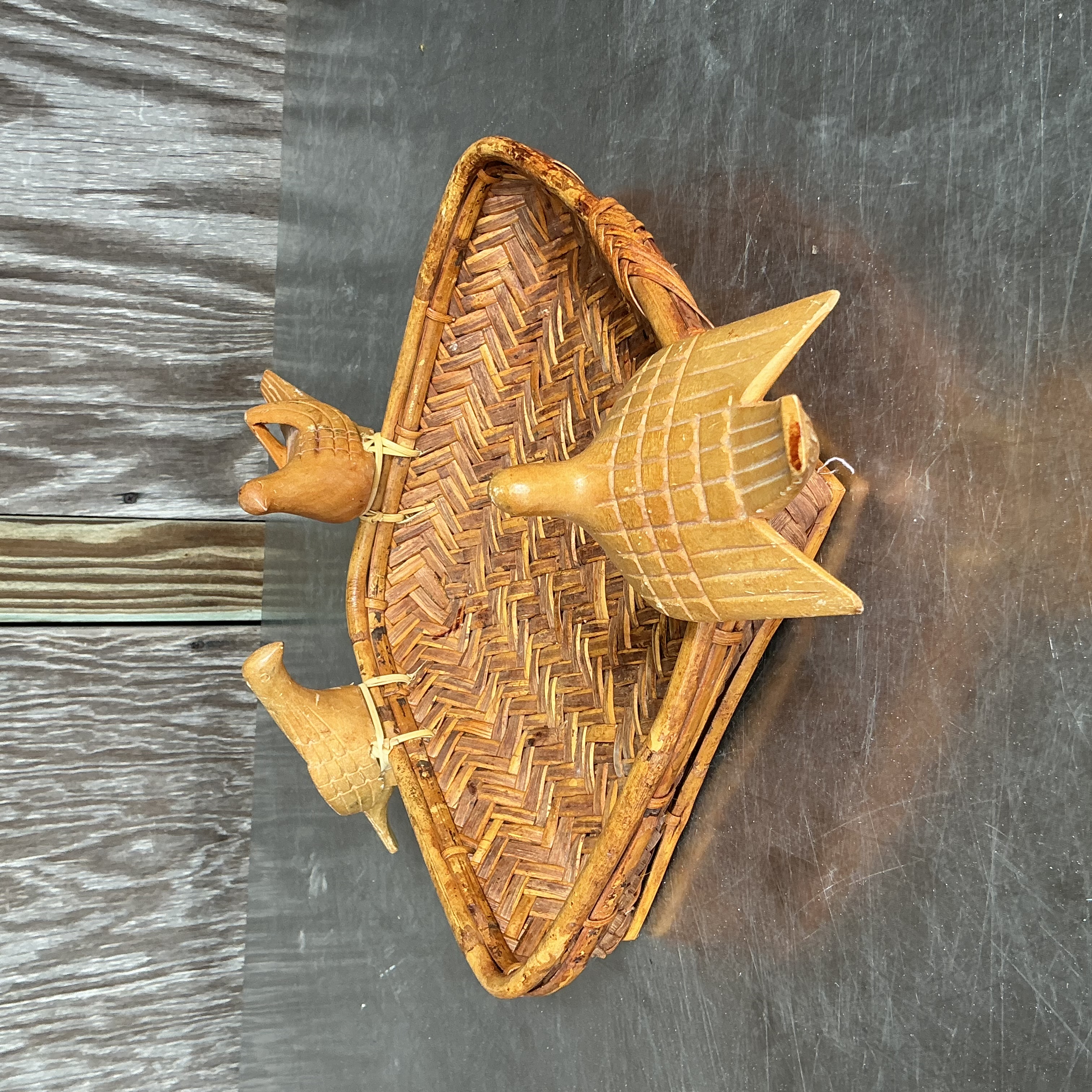 Vintage Boho Rattan Basket with Birds - Side view