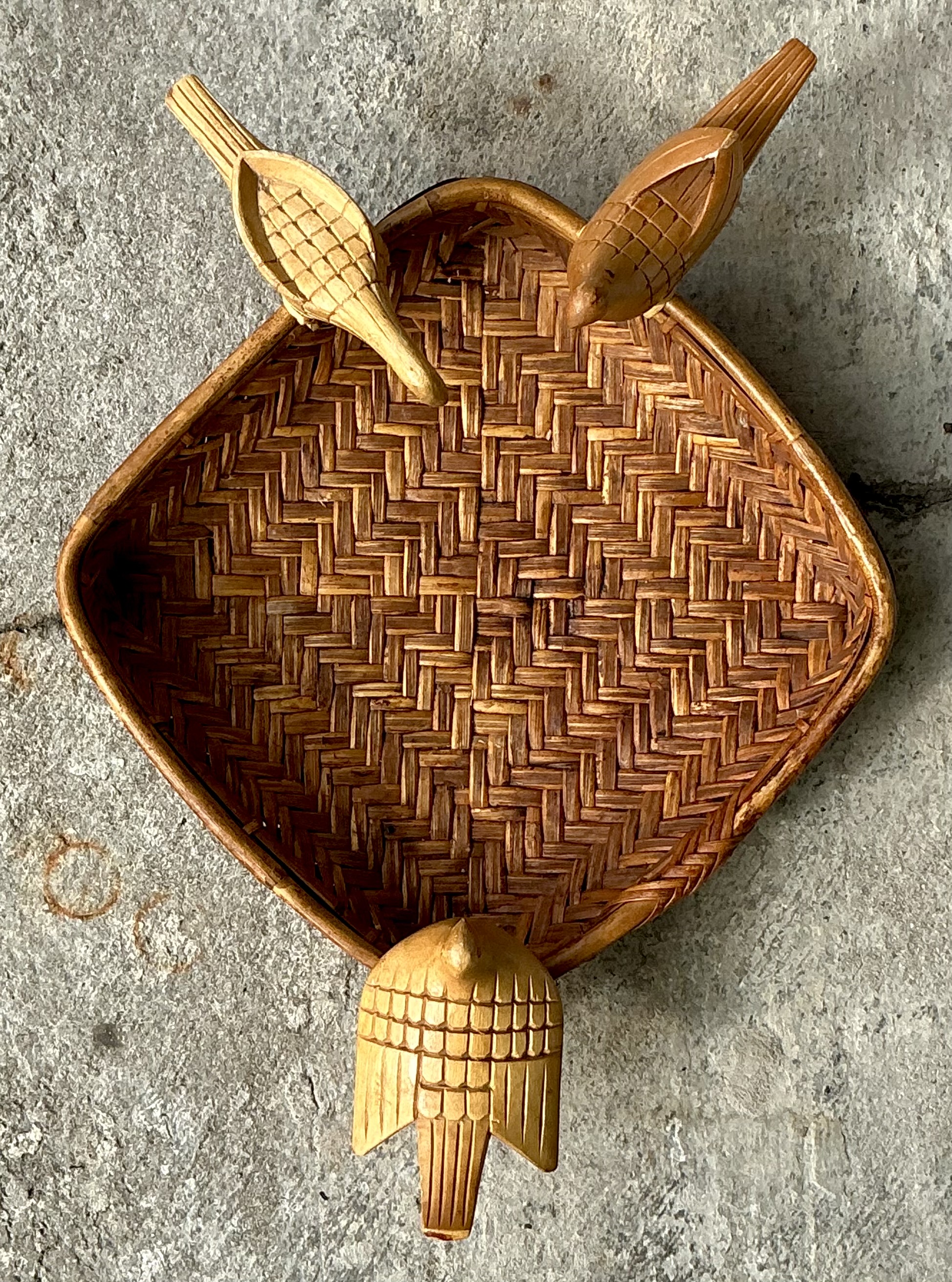 Vintage Boho Rattan Basket with Birds - Top view
