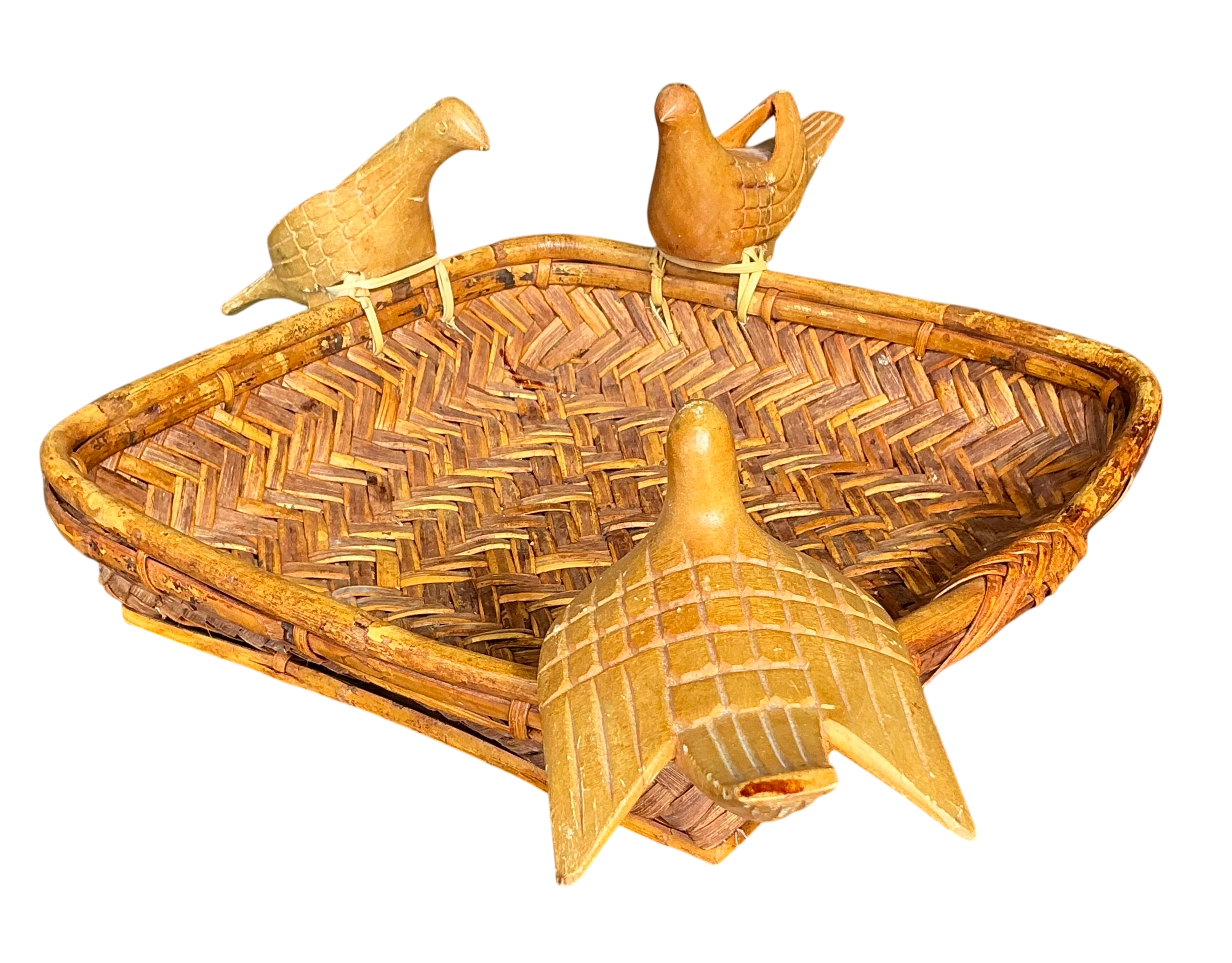 Vintage Boho Rattan Basket with Birds