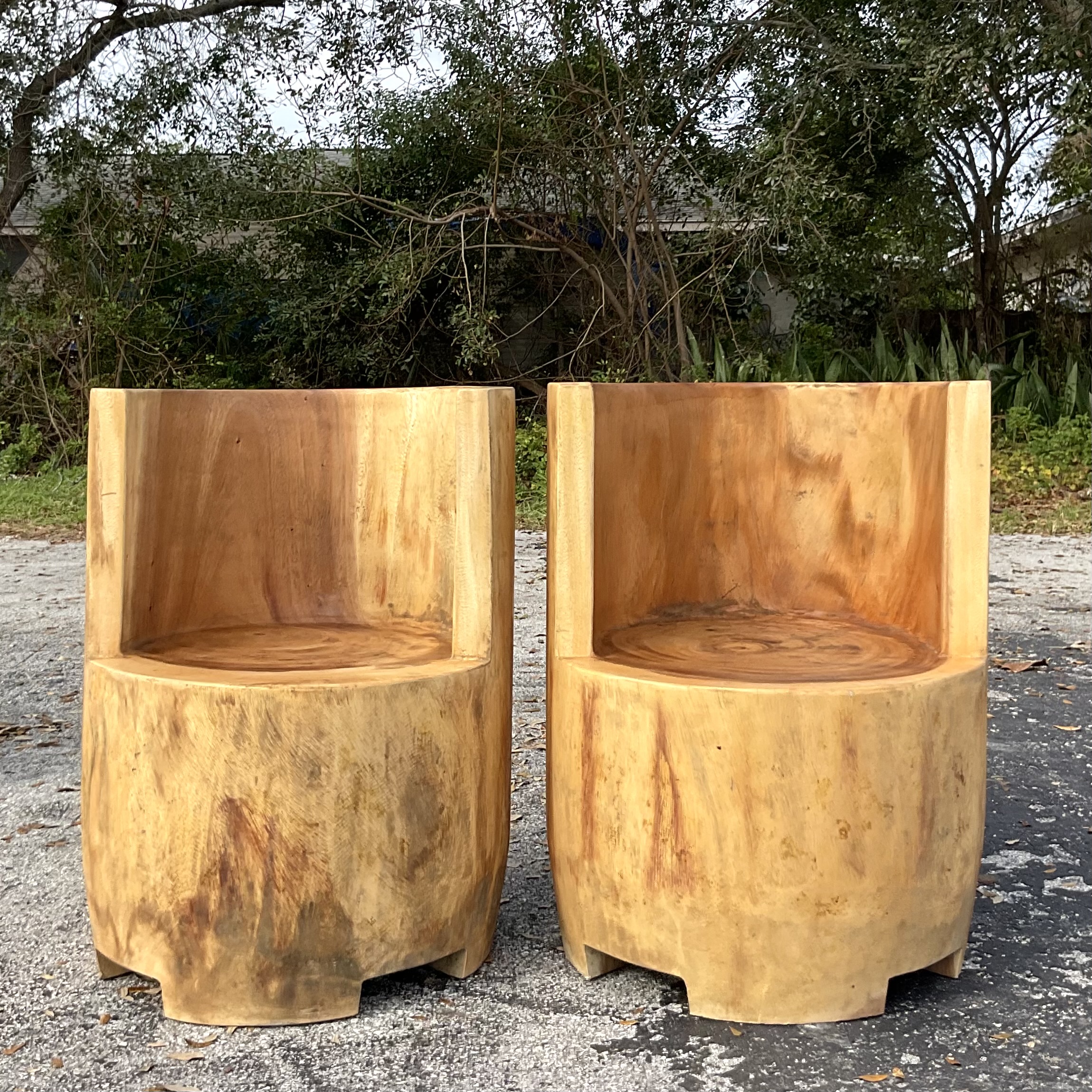 Vintage Boho Carved Stump Chairs- a Pair  - Back view