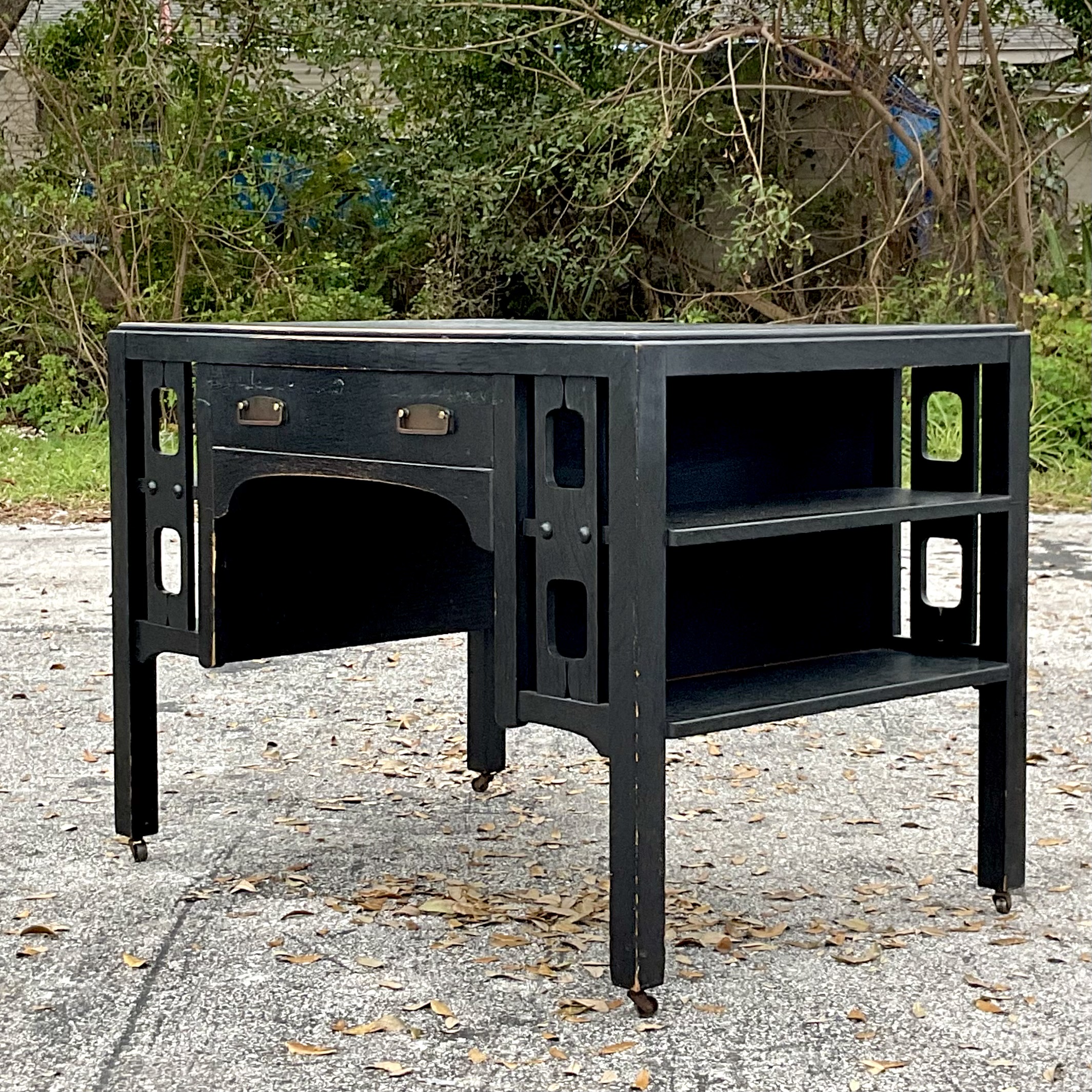 Early 20th Century Boho Arts and Crafts Mission Style Oak Desk - Back view