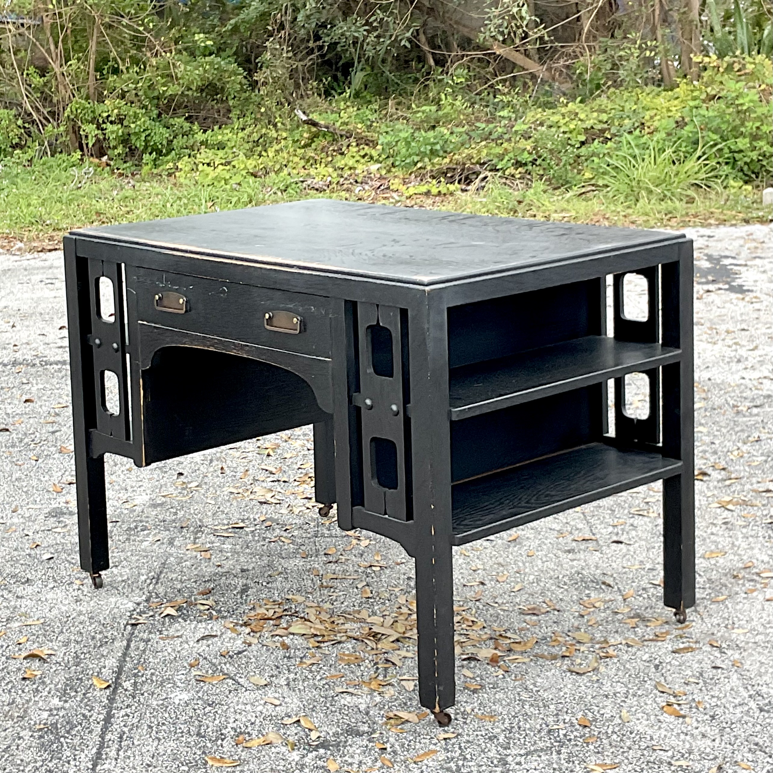 Early 20th Century Boho Arts and Crafts Mission Style Oak Desk - Top view