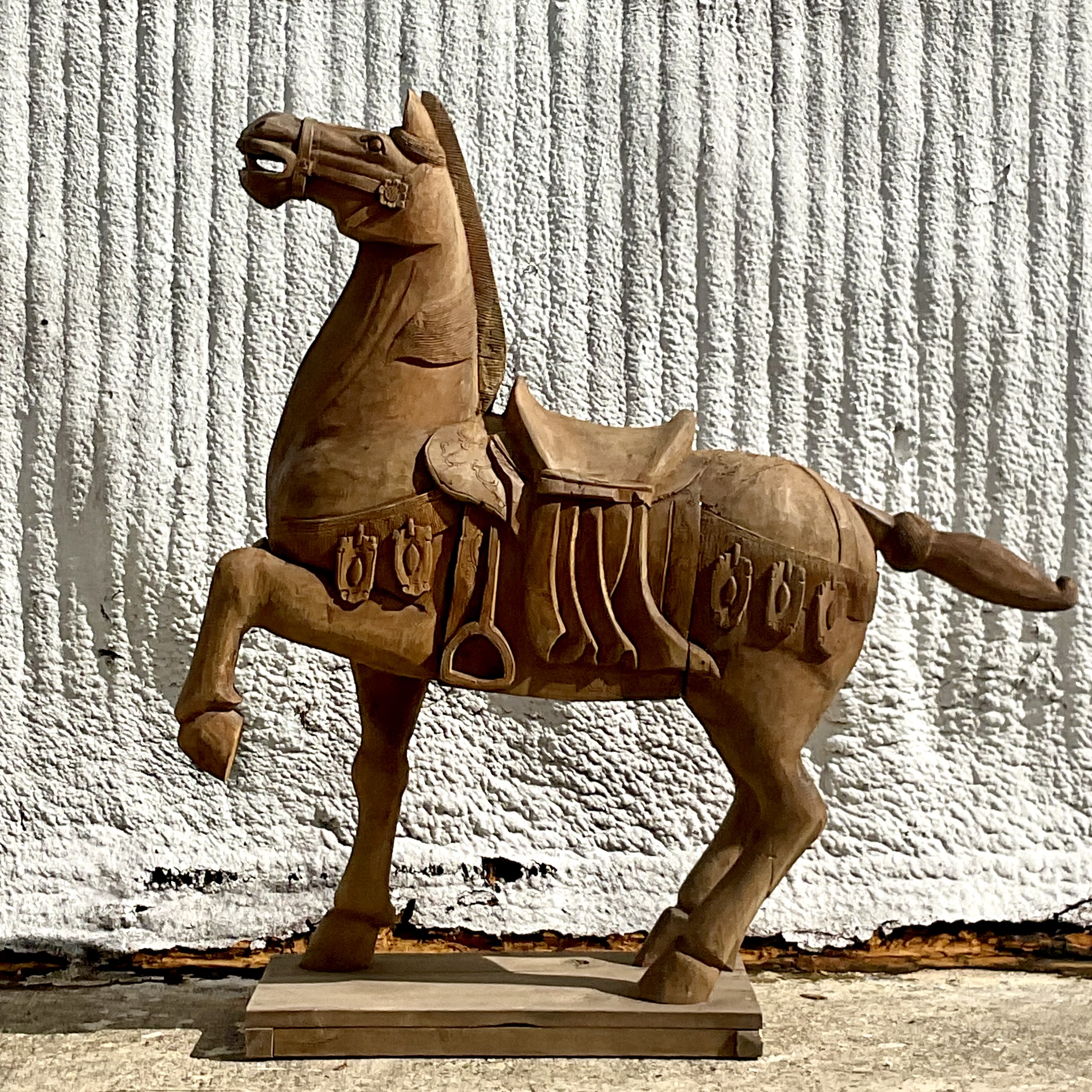 Vintage Carousel Boho Carved Wooden Horse - Side view