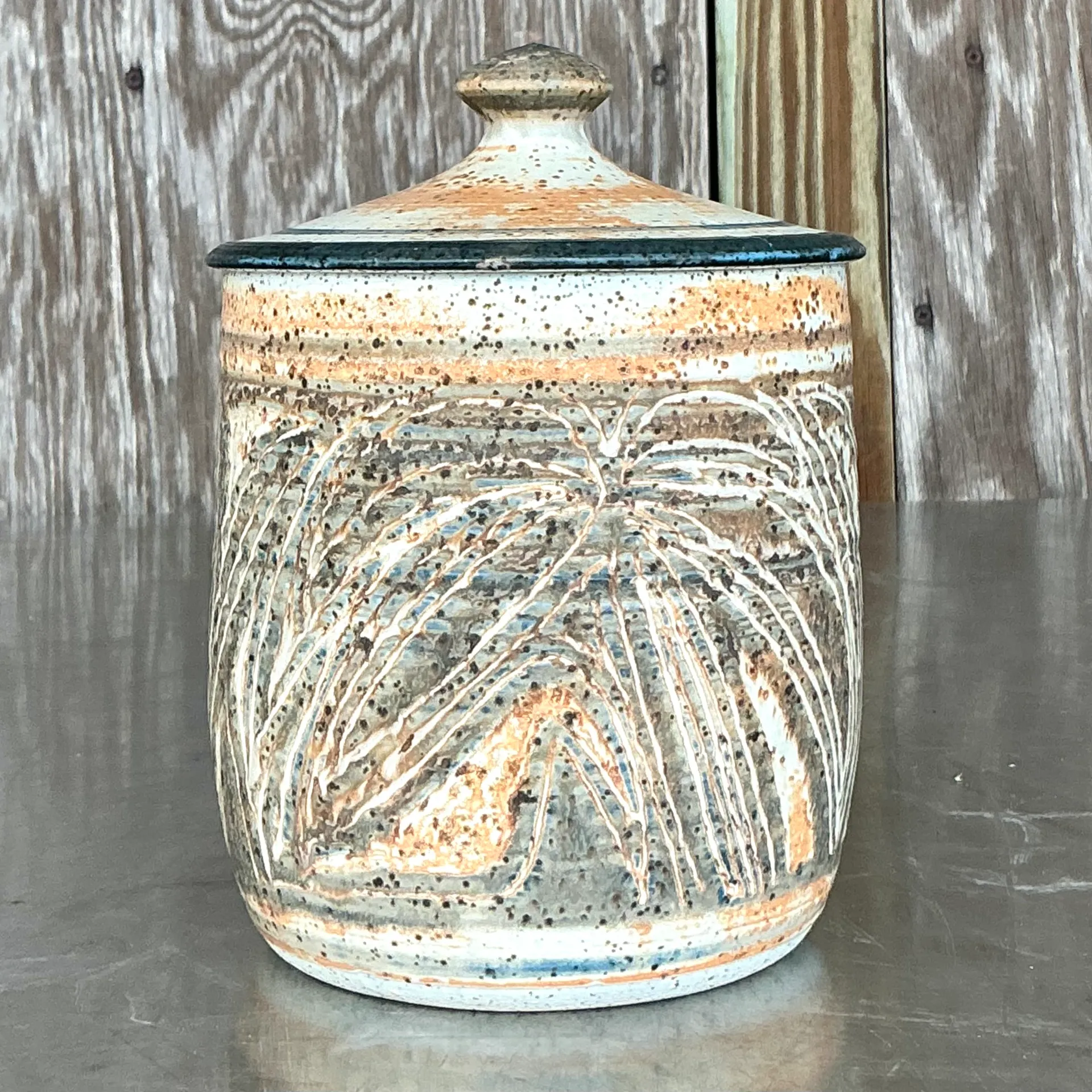 Vintage Boho Original Studio Pottery Lidded Urn - Side view