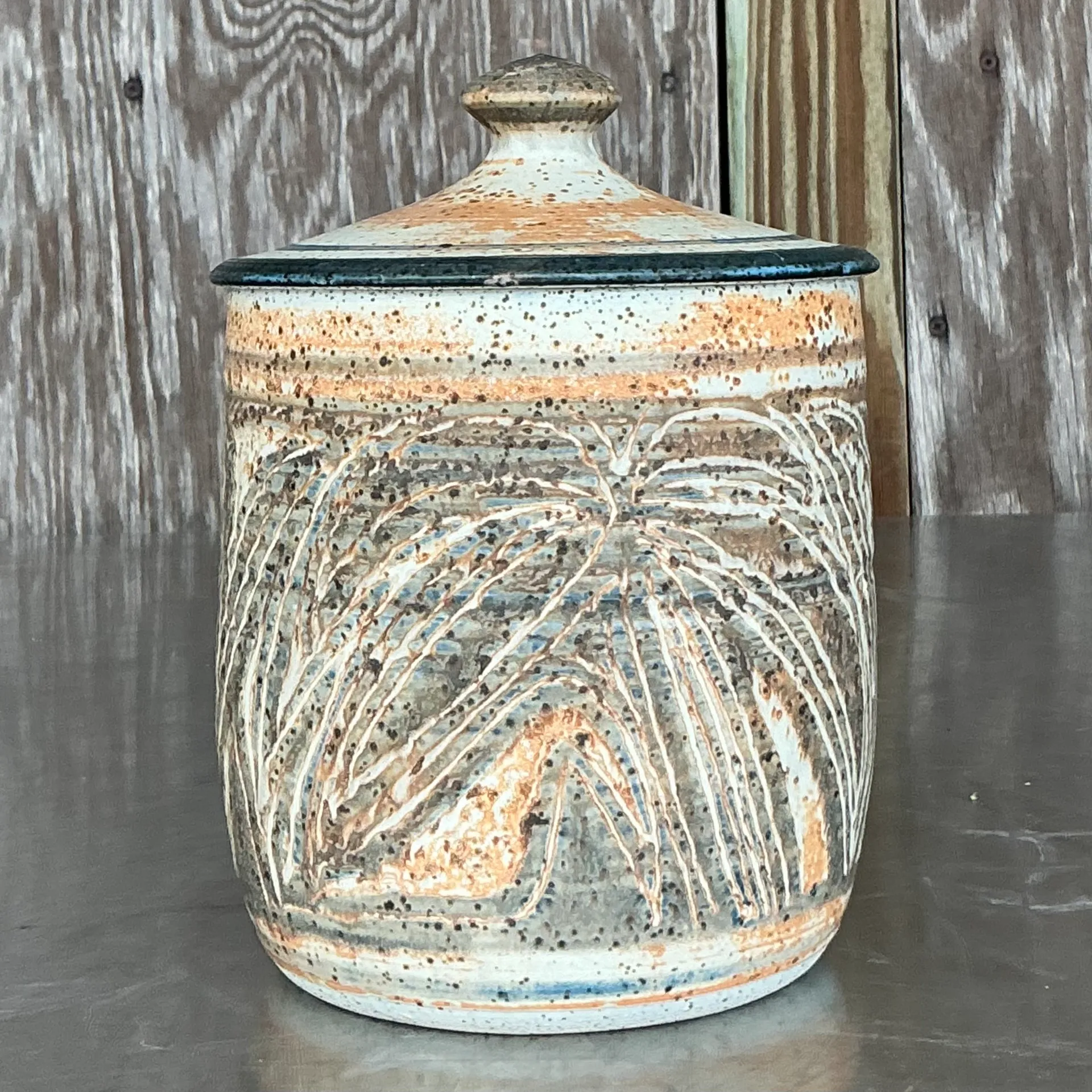 Vintage Boho Original Studio Pottery Lidded Urn - Back view