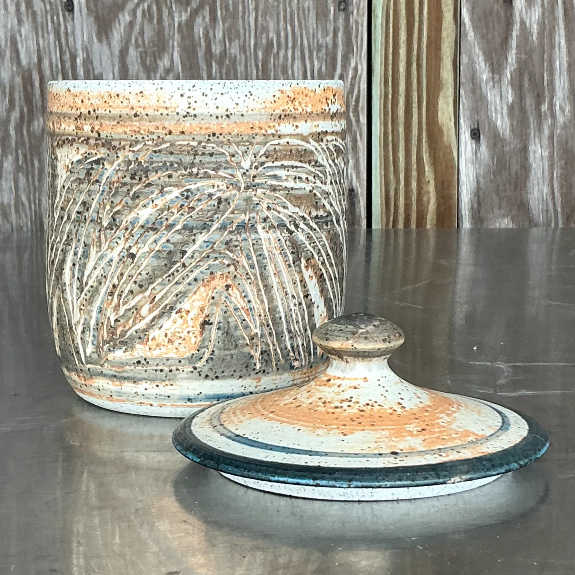 Vintage Boho Original Studio Pottery Lidded Urn - Top view
