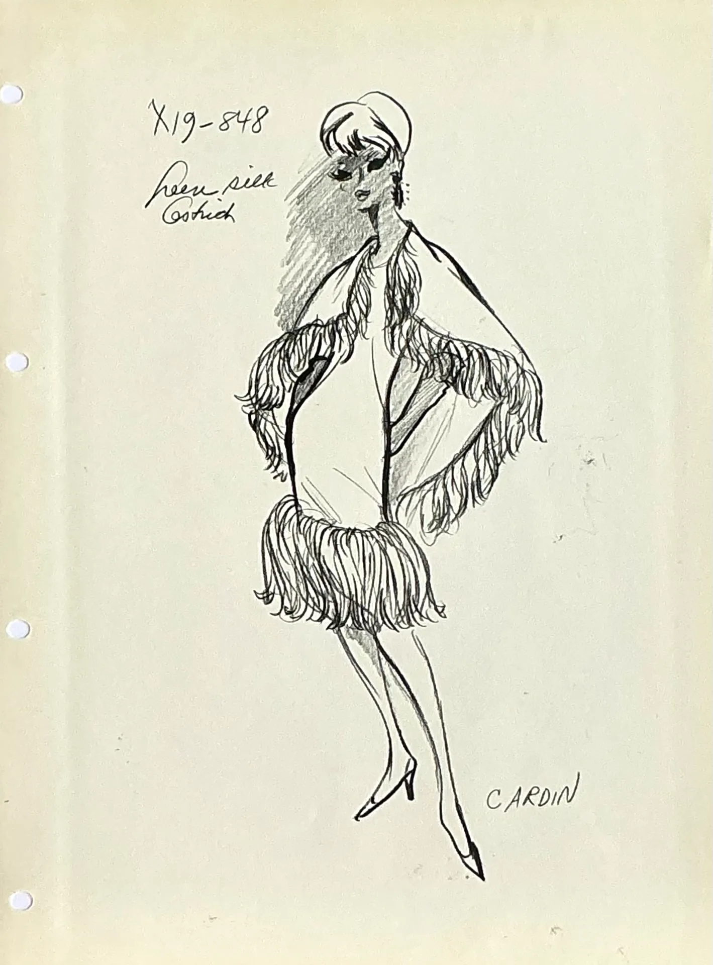 Vintage Boho Original Pierre Cardin Fashion Sketch On Paper - Detail view