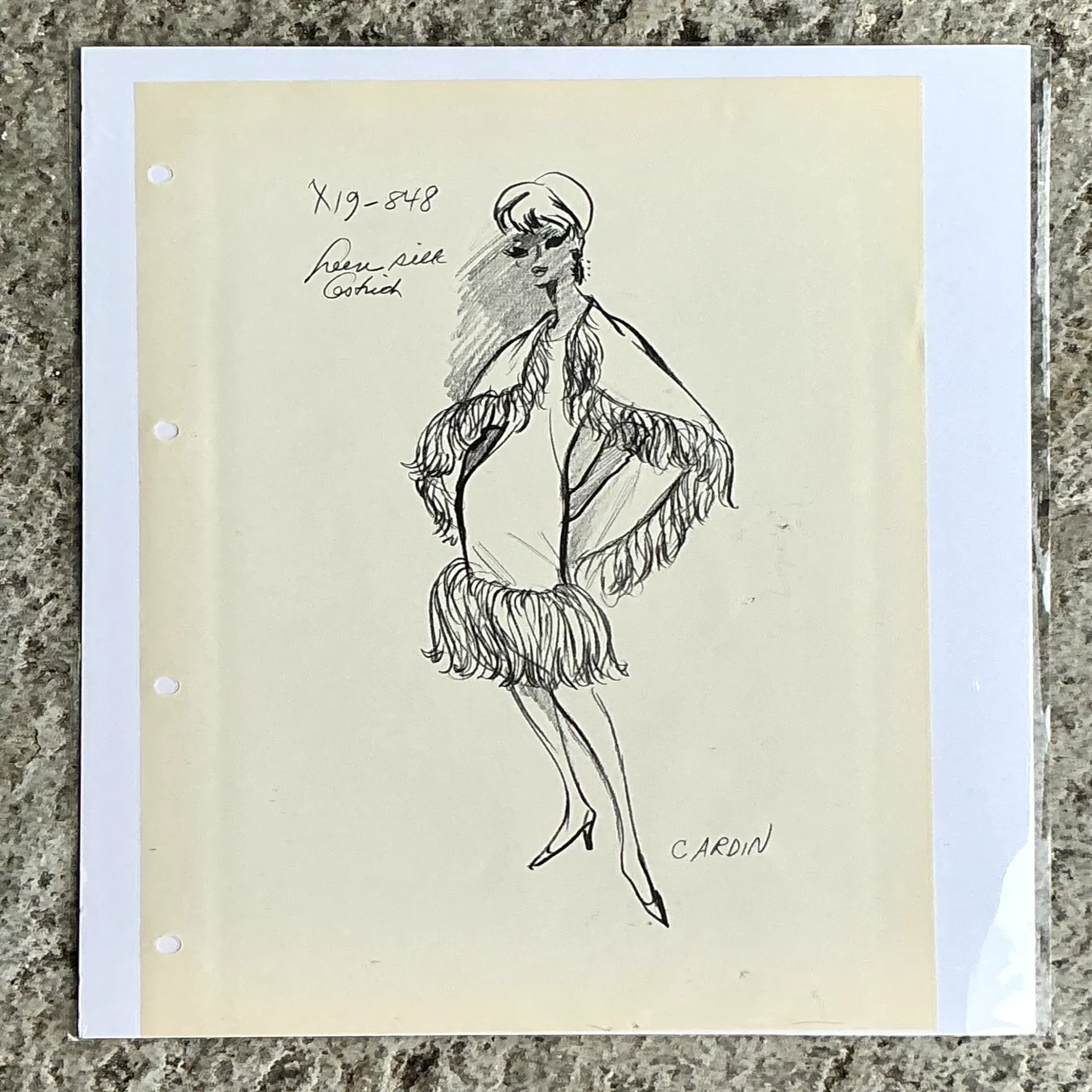 Vintage Boho Original Pierre Cardin Fashion Sketch On Paper - Side view