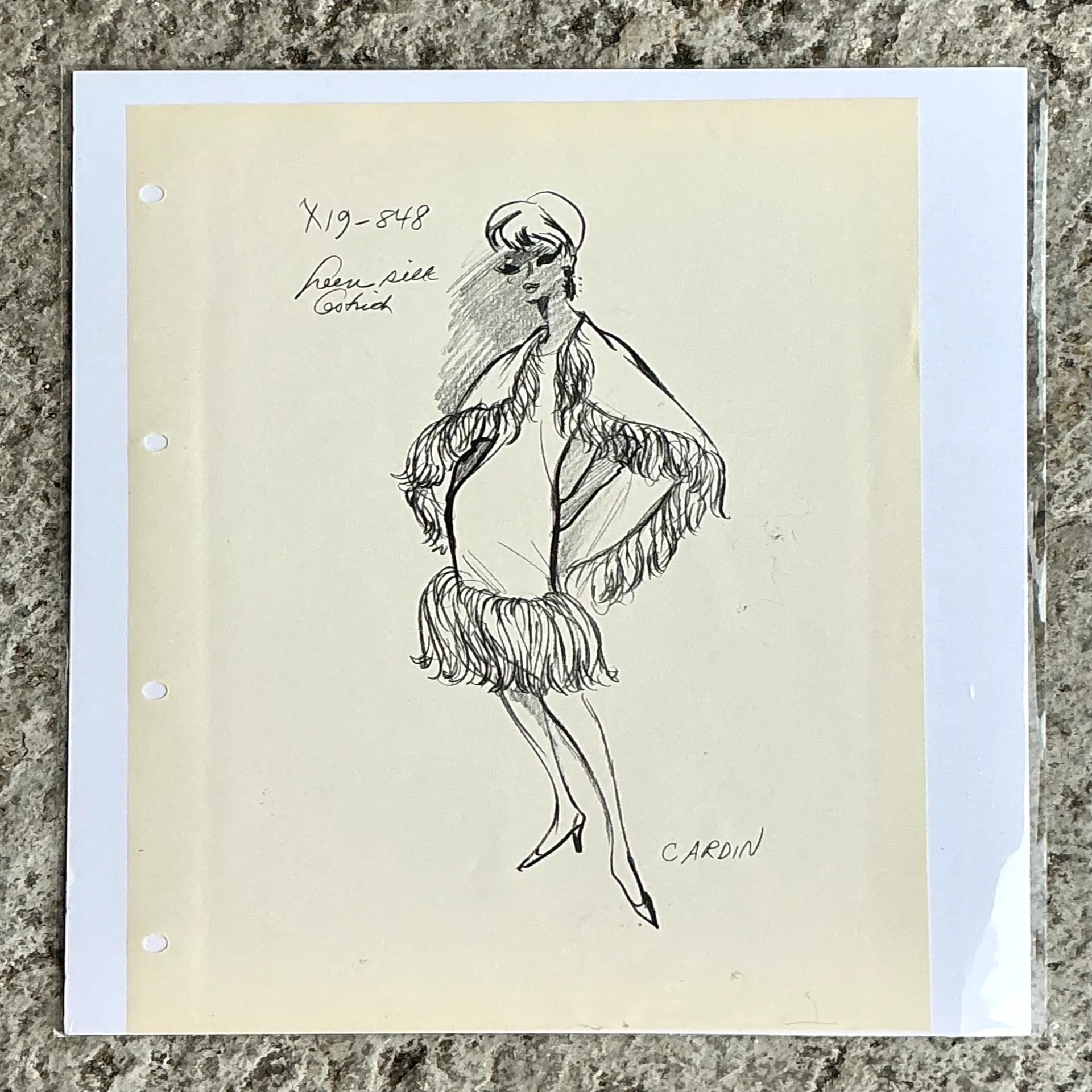 Vintage Boho Original Pierre Cardin Fashion Sketch On Paper - Back view