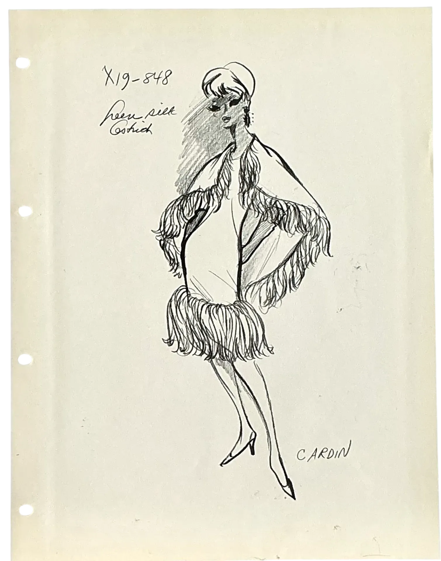 Vintage Boho Original Pierre Cardin Fashion Sketch On Paper