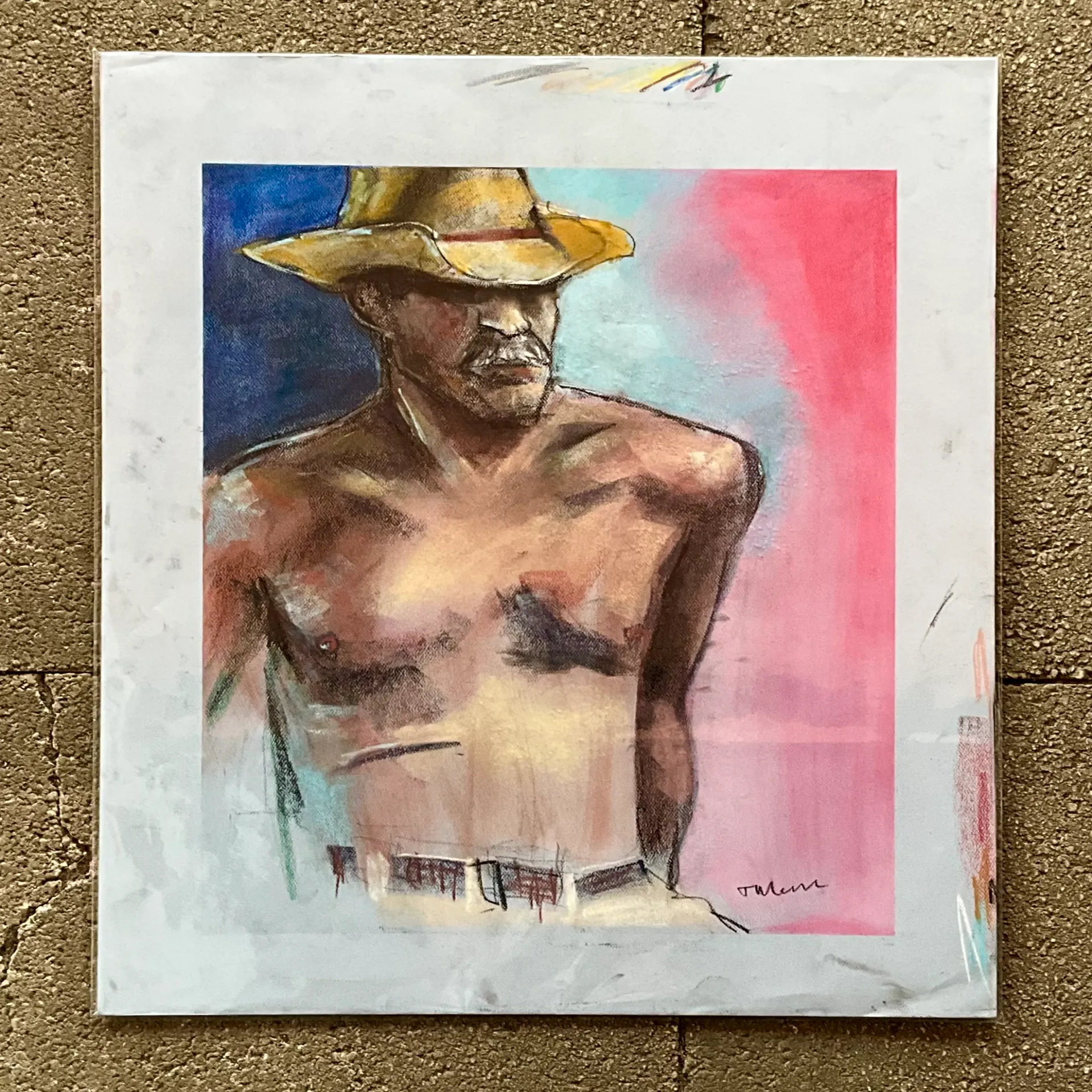 Vintage Boho Original Pastel Drawing of Cowboy - Top view