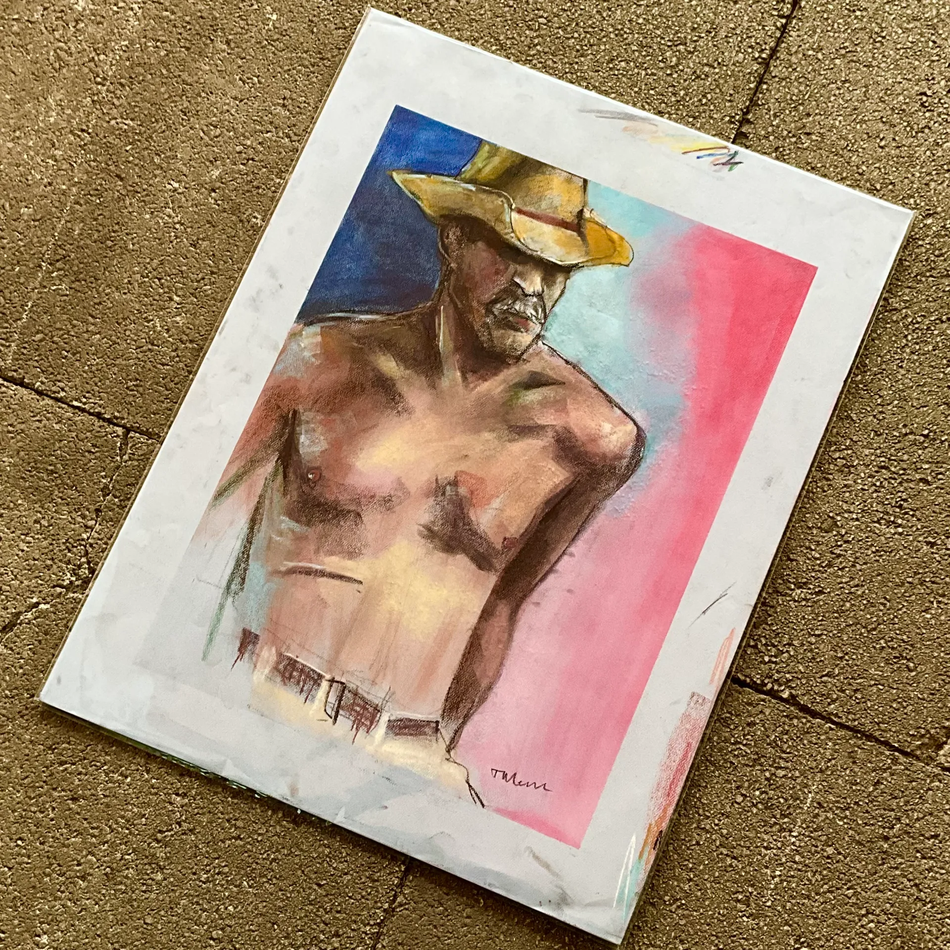 Vintage Boho Original Pastel Drawing of Cowboy - Side view