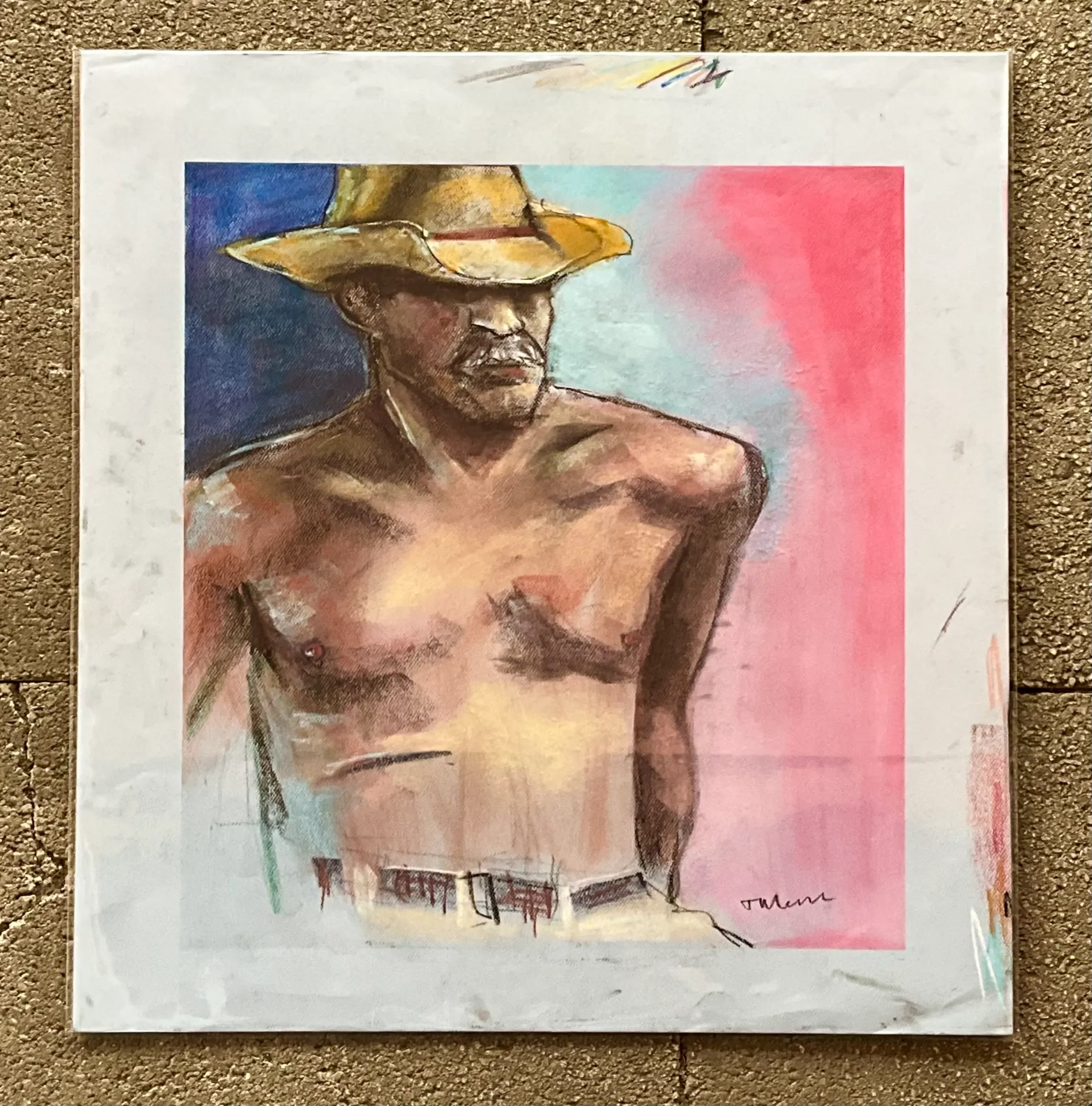 Vintage Boho Original Pastel Drawing of Cowboy - Back view