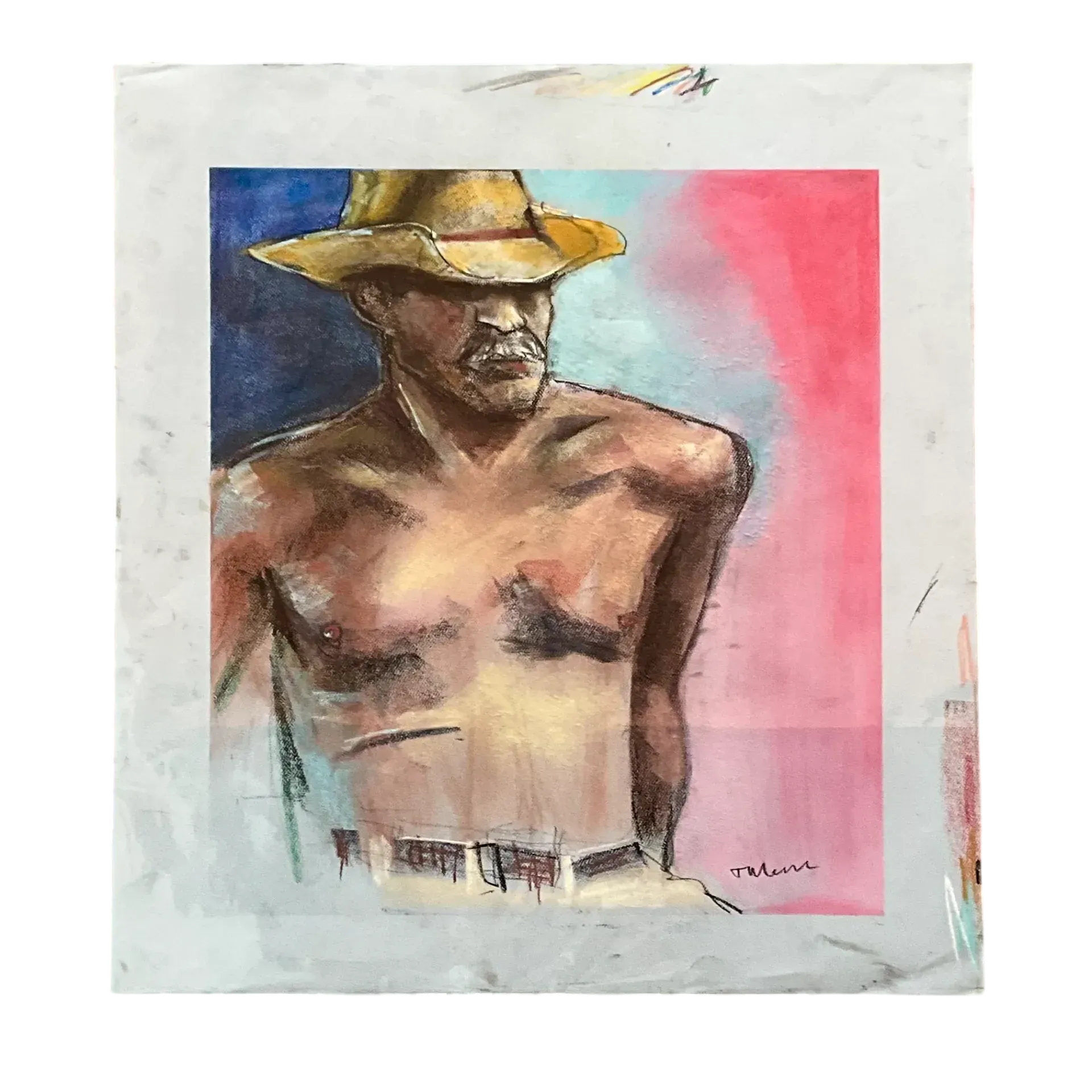 Vintage Boho Original Pastel Drawing of Cowboy