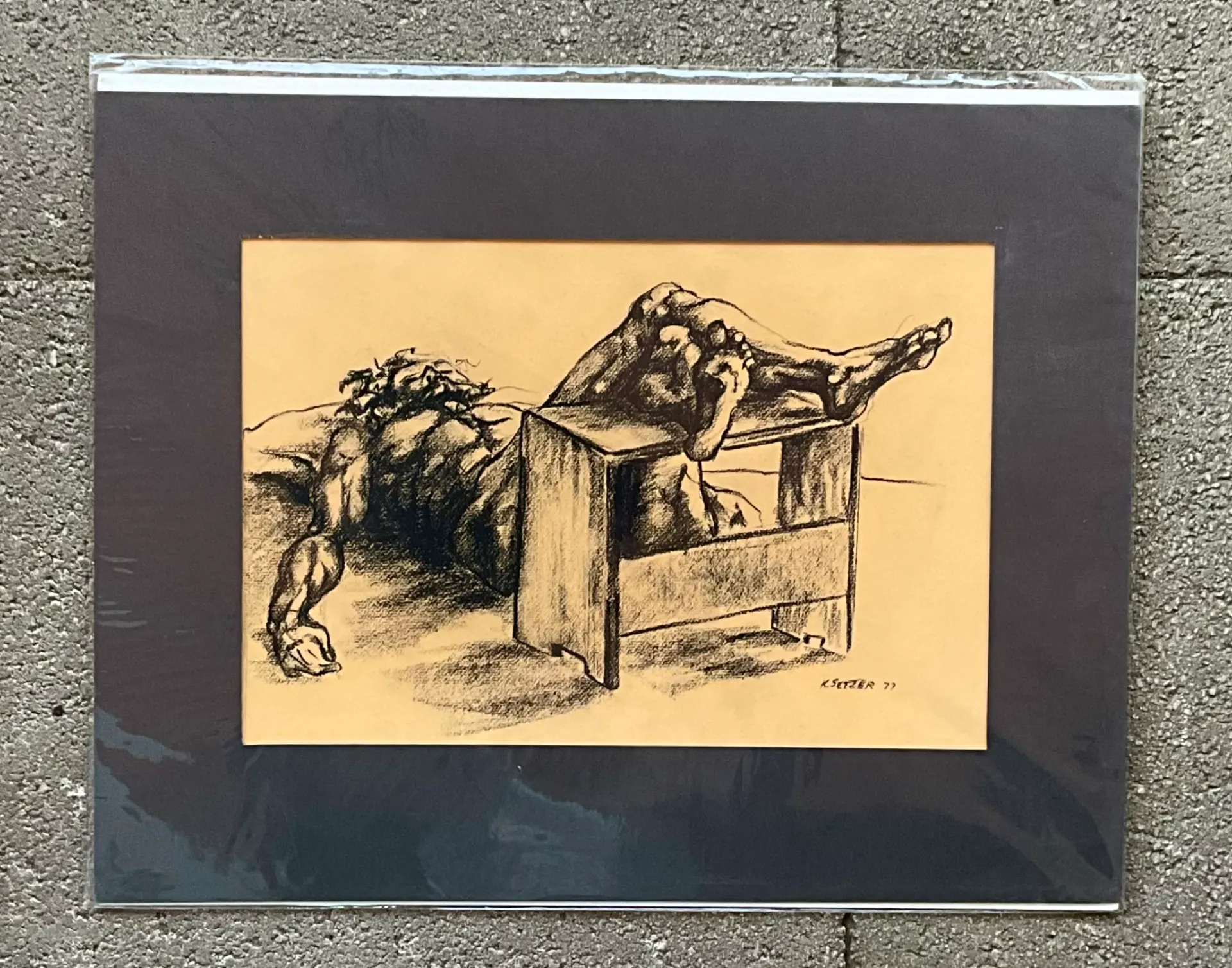 Vintage Boho Original Signed Nude Sketch - Side view