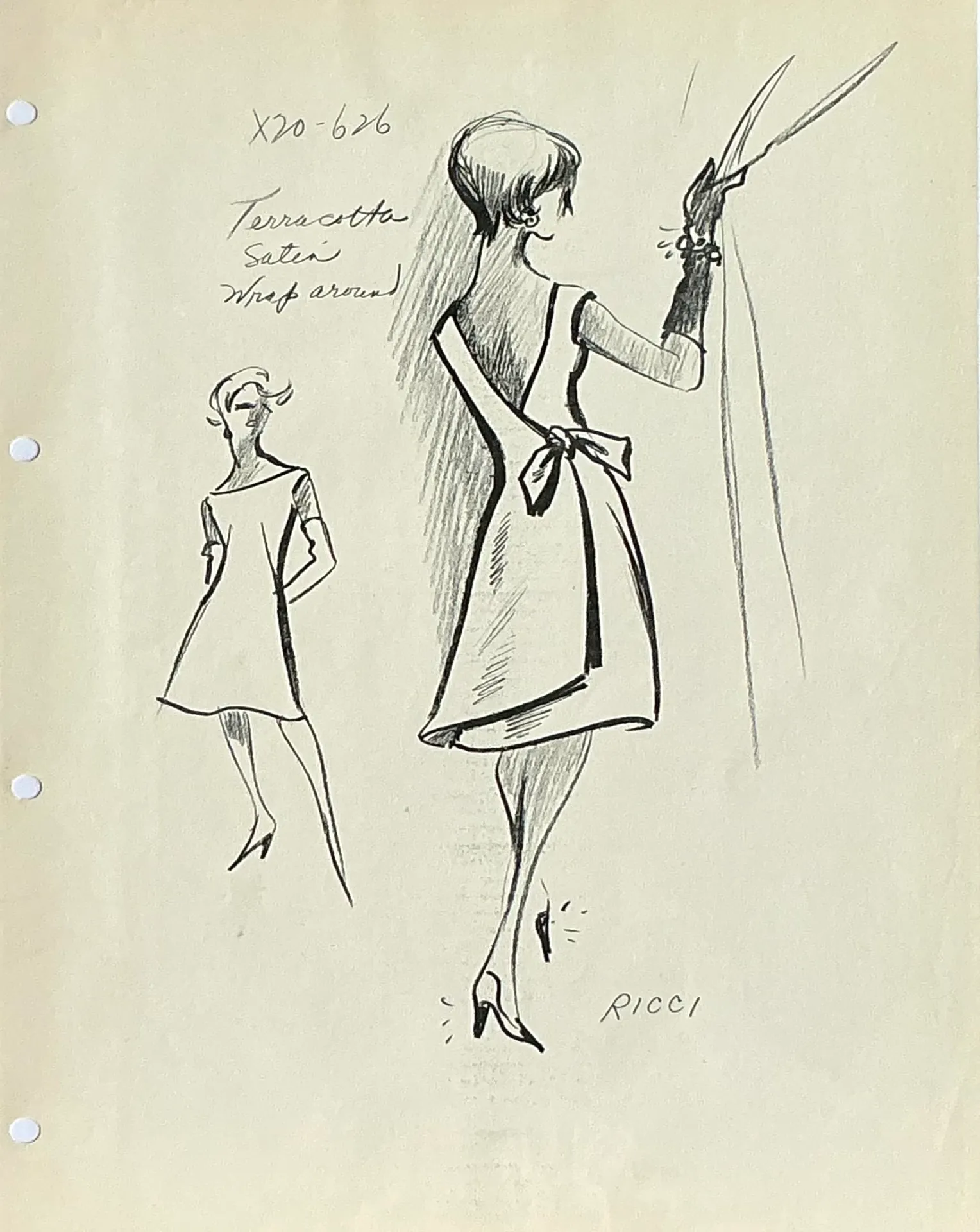Vintage Boho Original Nina Ricci Sketch on Paper - Top view