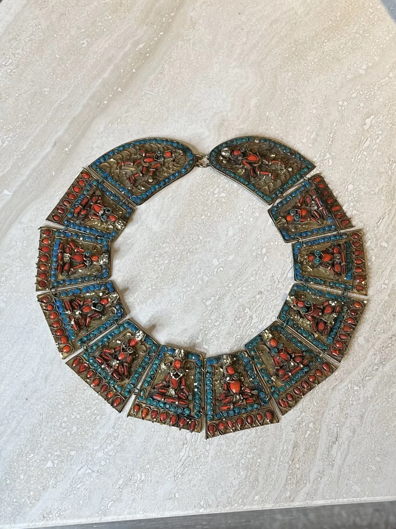 Vintage Turquoise Bib with Coral - Top view