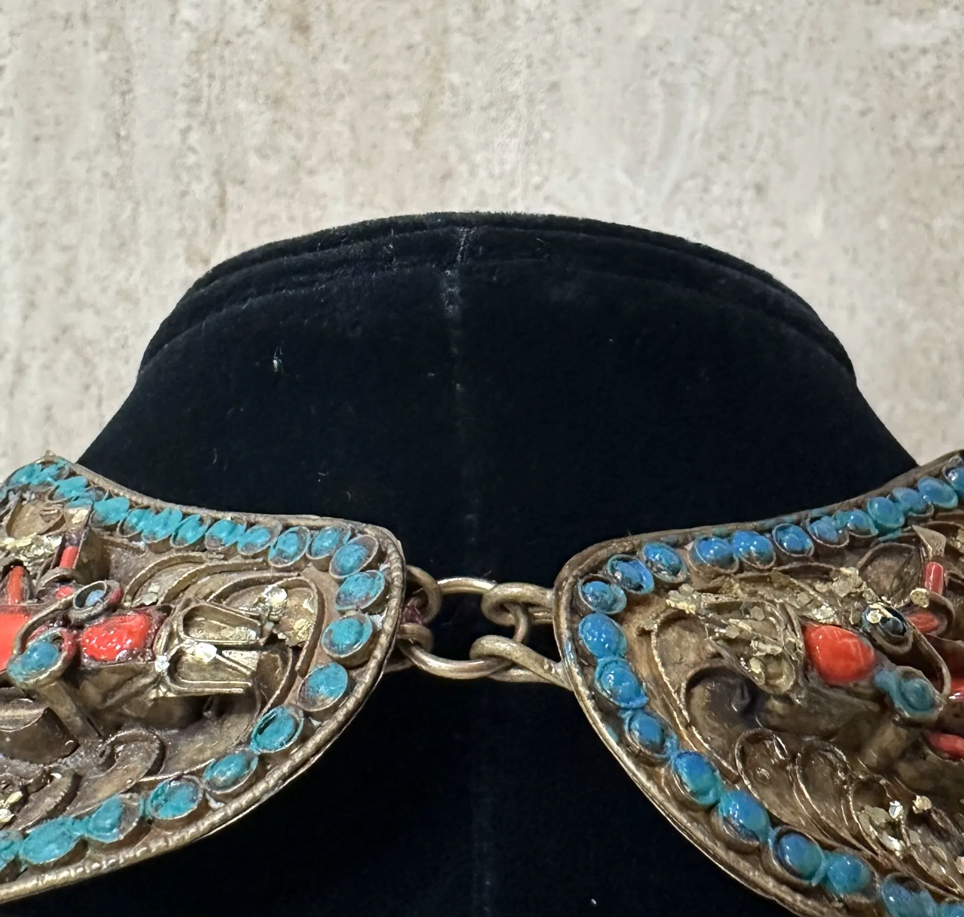 Vintage Turquoise Bib with Coral - Side view