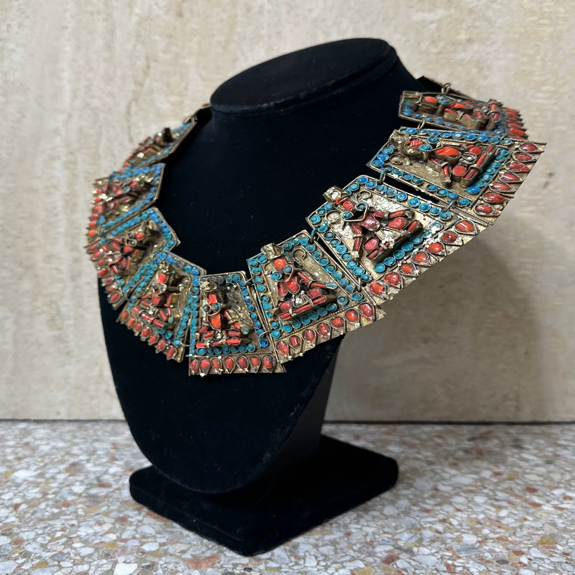 Vintage Turquoise Bib with Coral - Detail view