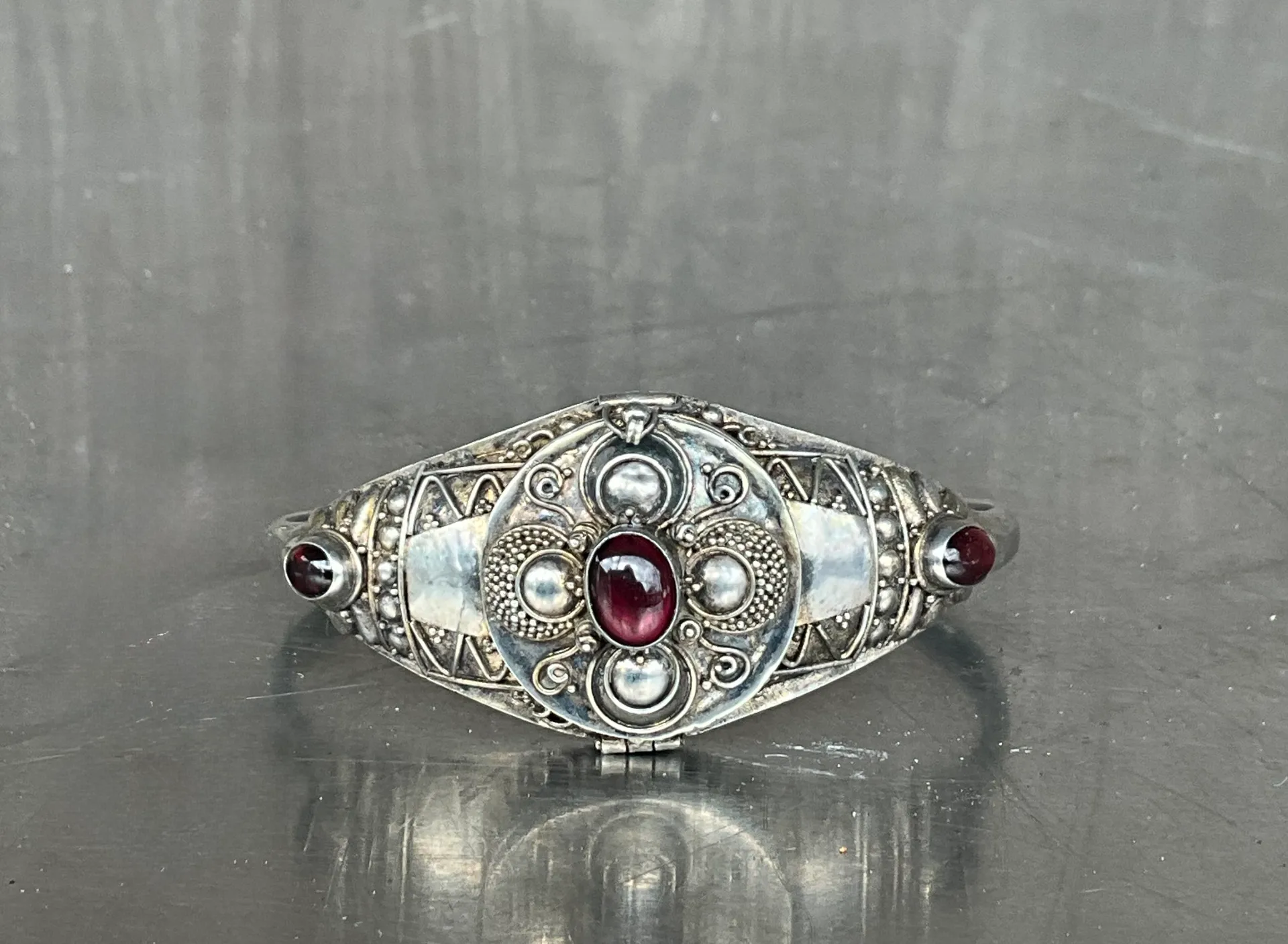 Vintage Sterling Silver Cleopatra Poison Locket Cuff Bracelet - Side view