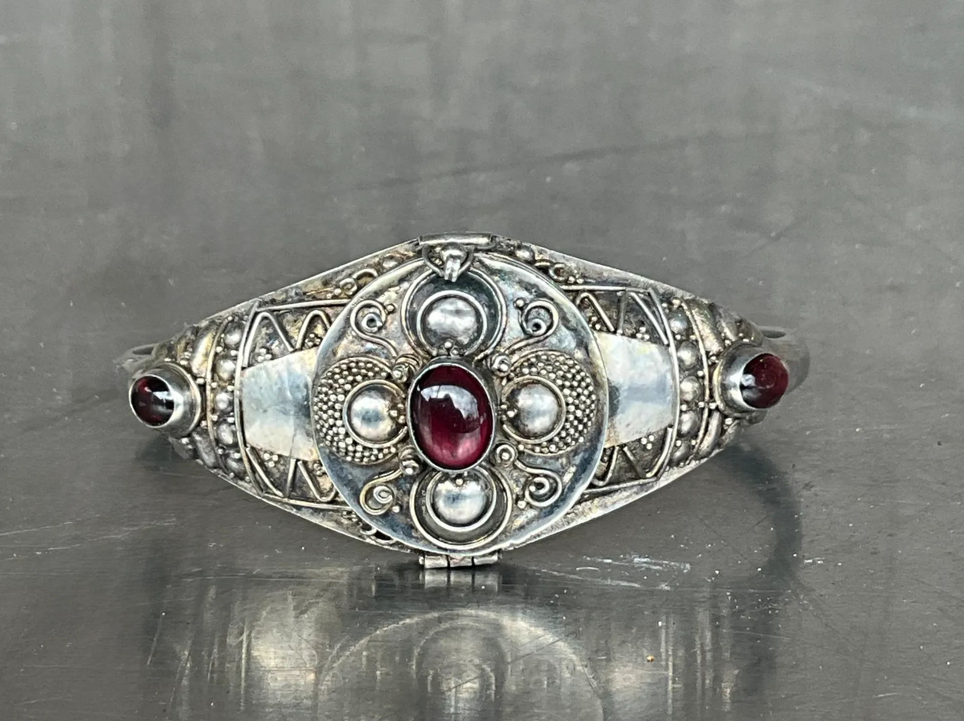 Vintage Sterling Silver Cleopatra Poison Locket Cuff Bracelet - Back view