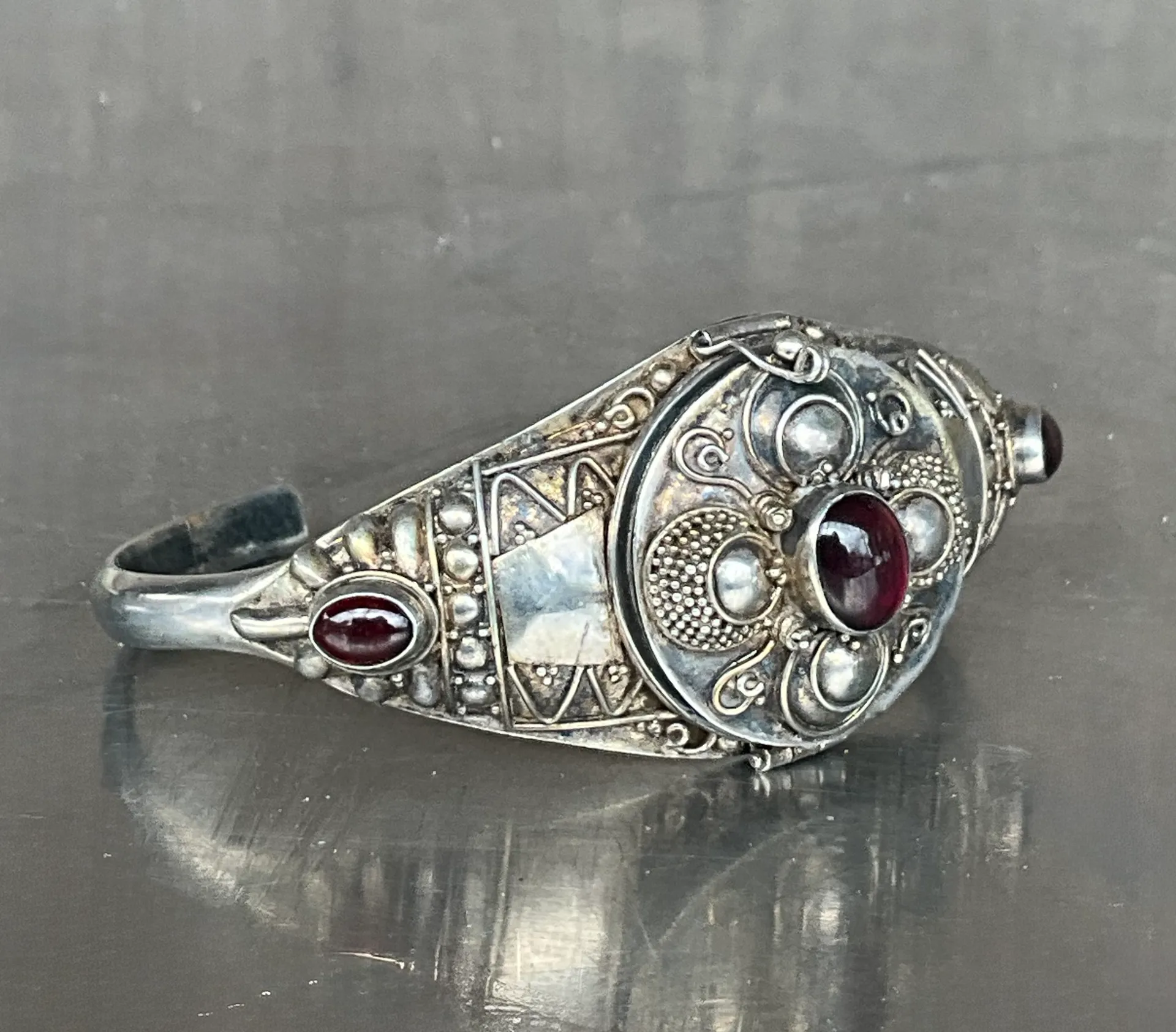Vintage Sterling Silver Cleopatra Poison Locket Cuff Bracelet - Top view