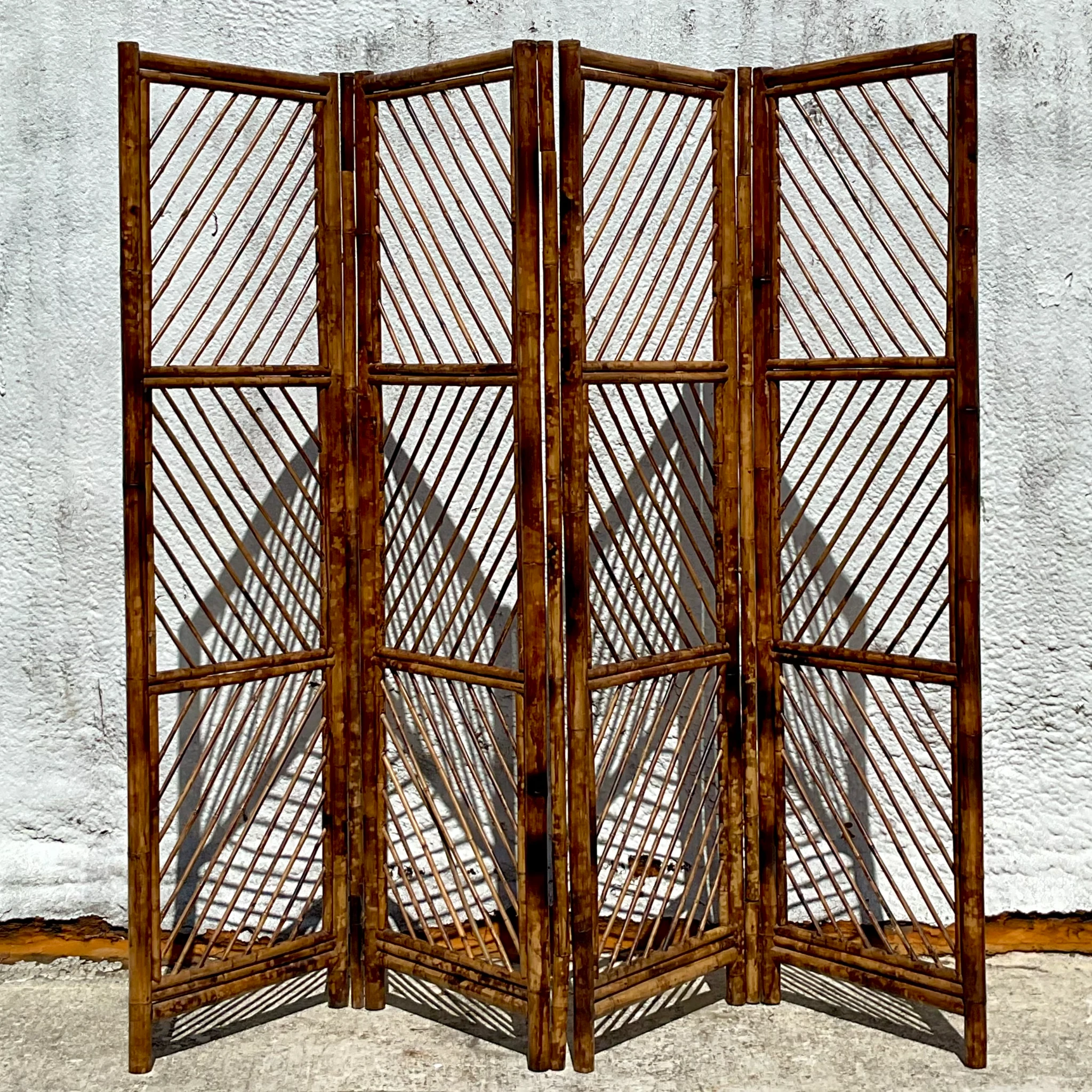 Vintage Coastal Chevron Tortoise Shell Pattern Folding Screen - Detail view