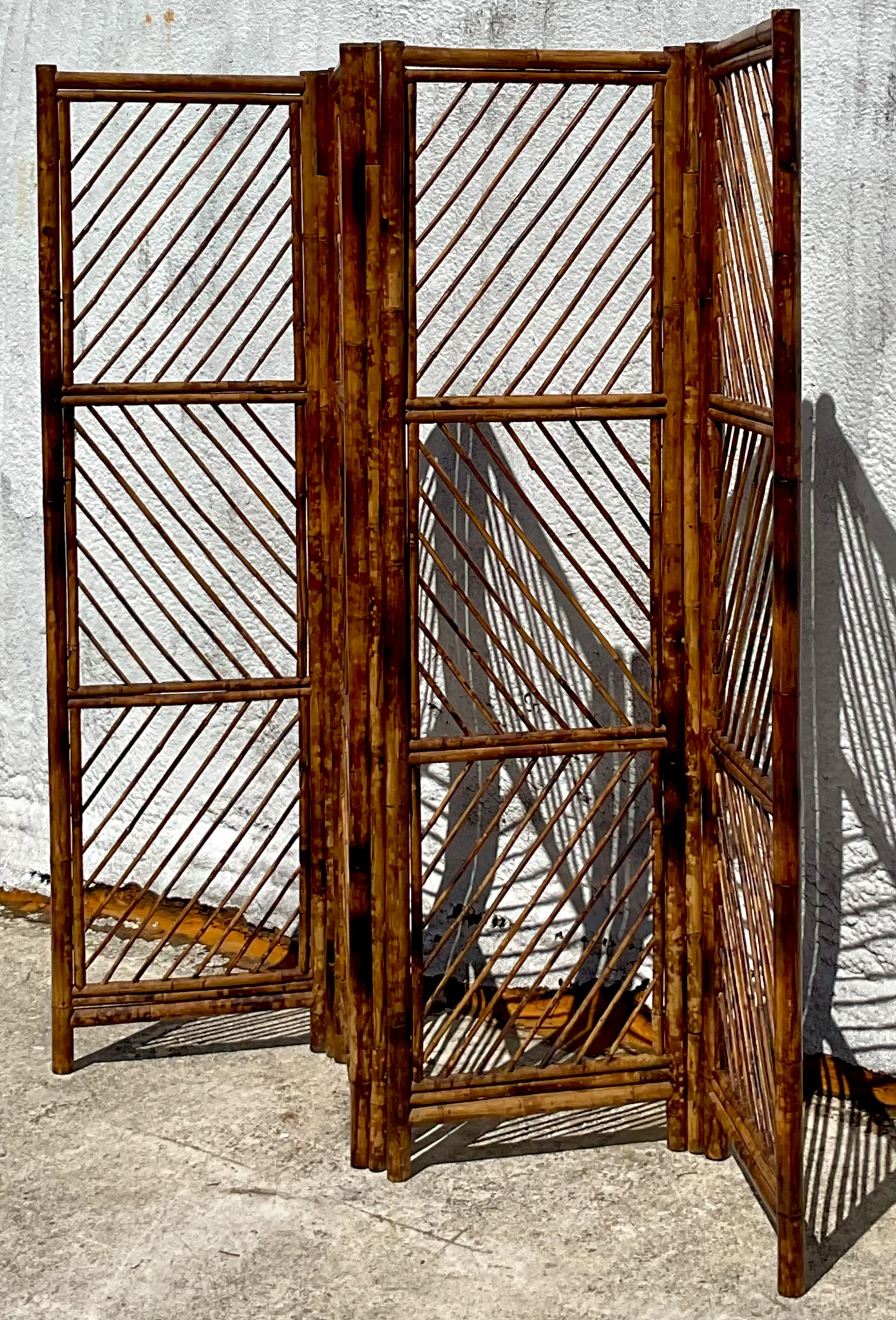 Vintage Coastal Chevron Tortoise Shell Pattern Folding Screen - Back view