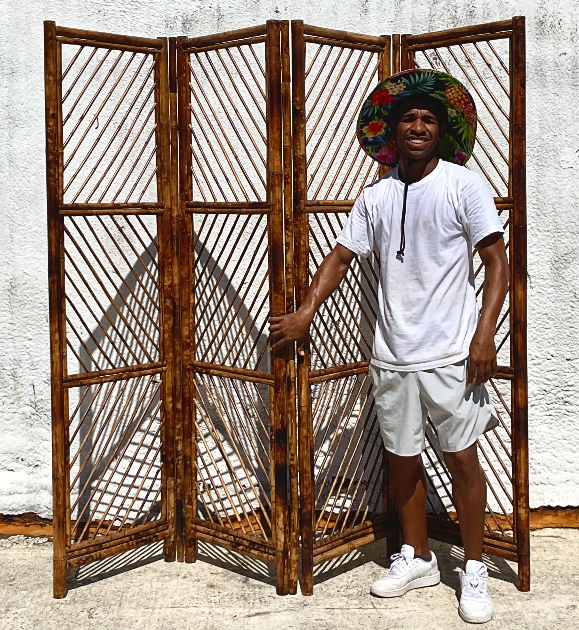 Vintage Coastal Chevron Tortoise Shell Pattern Folding Screen - Top view